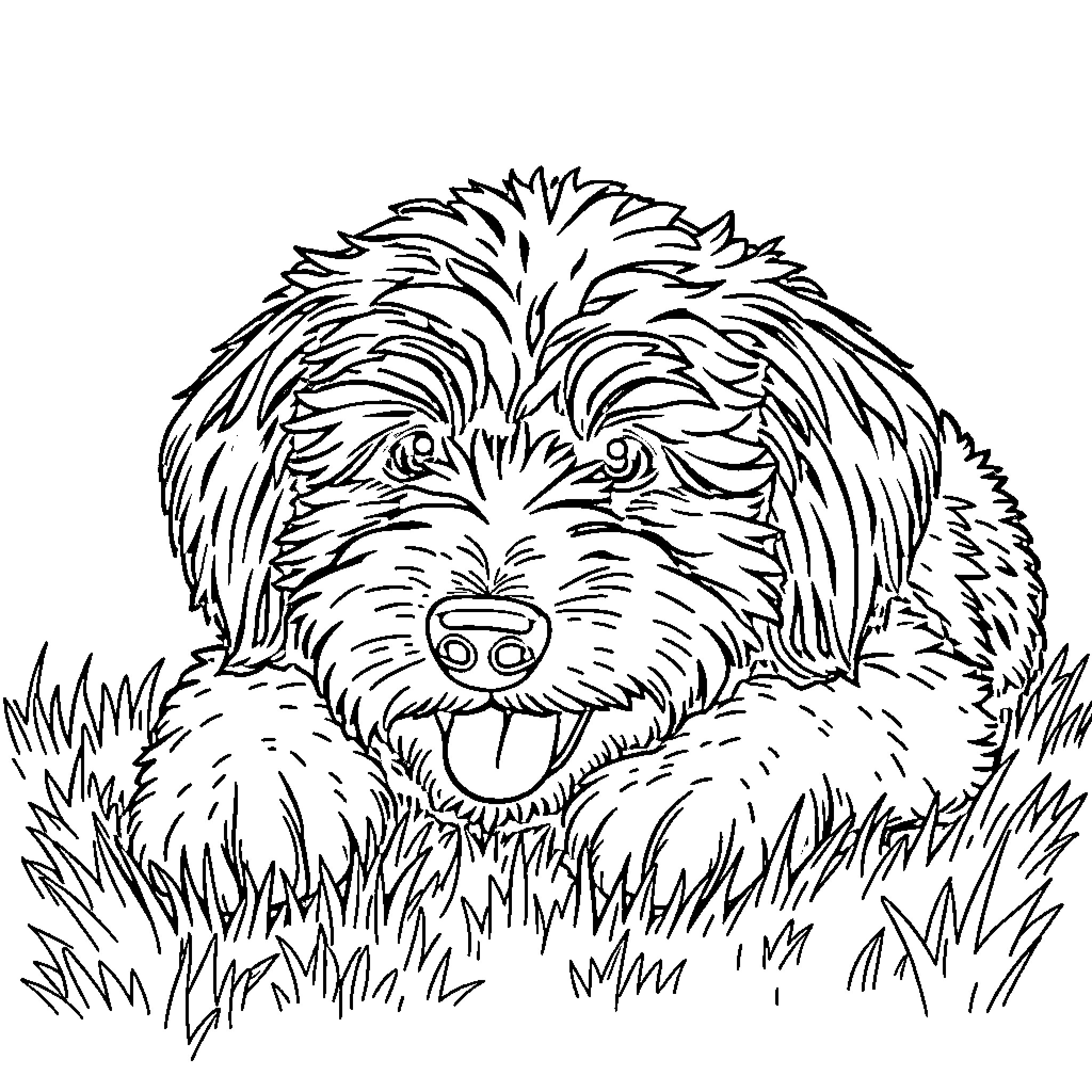 Aussiedoodle playfully frolicking in the grass Coloring Page (free black-and-white line drawing printable PDF for all, from beginners to advanced learners, including children, teens, adults, and seniors)
