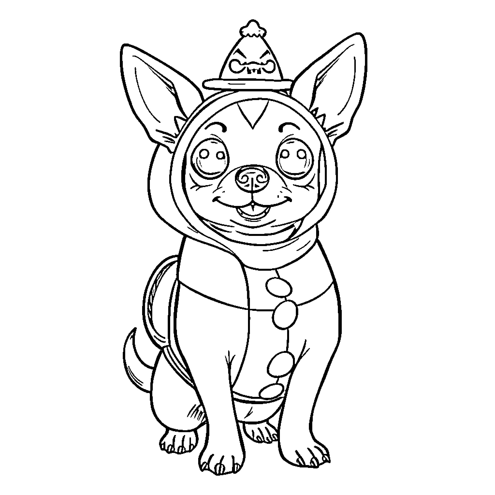 Chiweenie dog wearing a silly hat Coloring Page (free black-and-white line drawing printable PDF for all, from beginners to advanced learners, including children, teens, adults, and seniors)