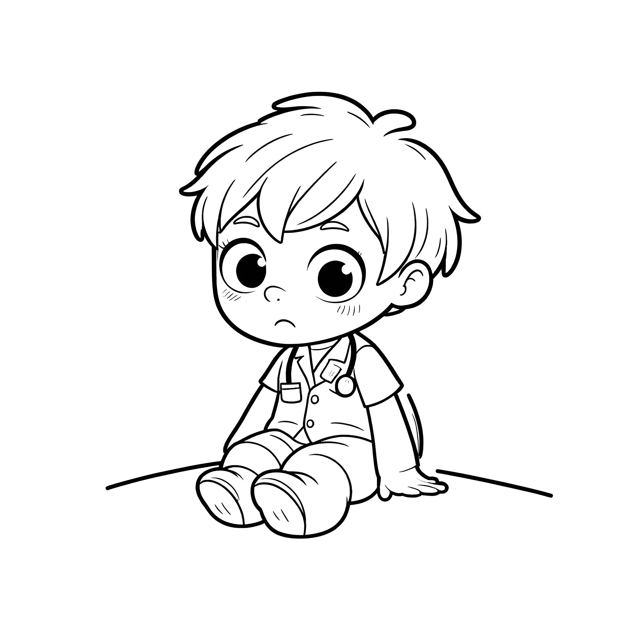 Child sitting sadly on the floor Coloring Page (free black-and-white line drawing printable PDF for all, from beginners to advanced learners, including children, teens, adults, and seniors)