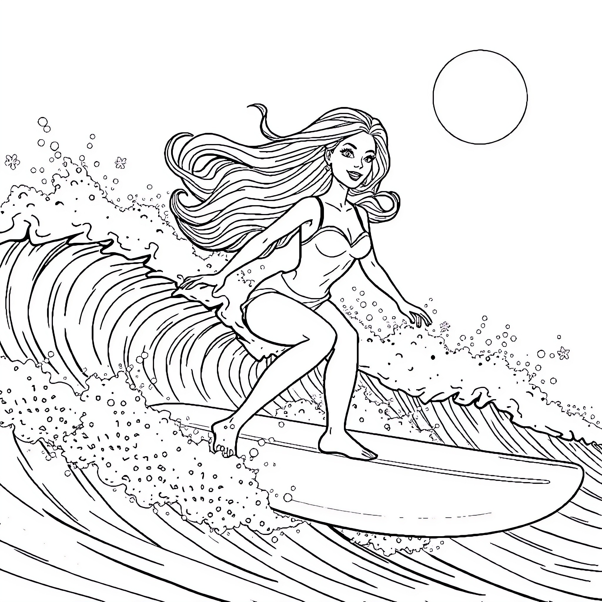 Barbie Surfs the Waves with Joy Coloring Page (free black-and-white line drawing printable PDF for all, from beginners to advanced learners, including children, teens, adults, and seniors)