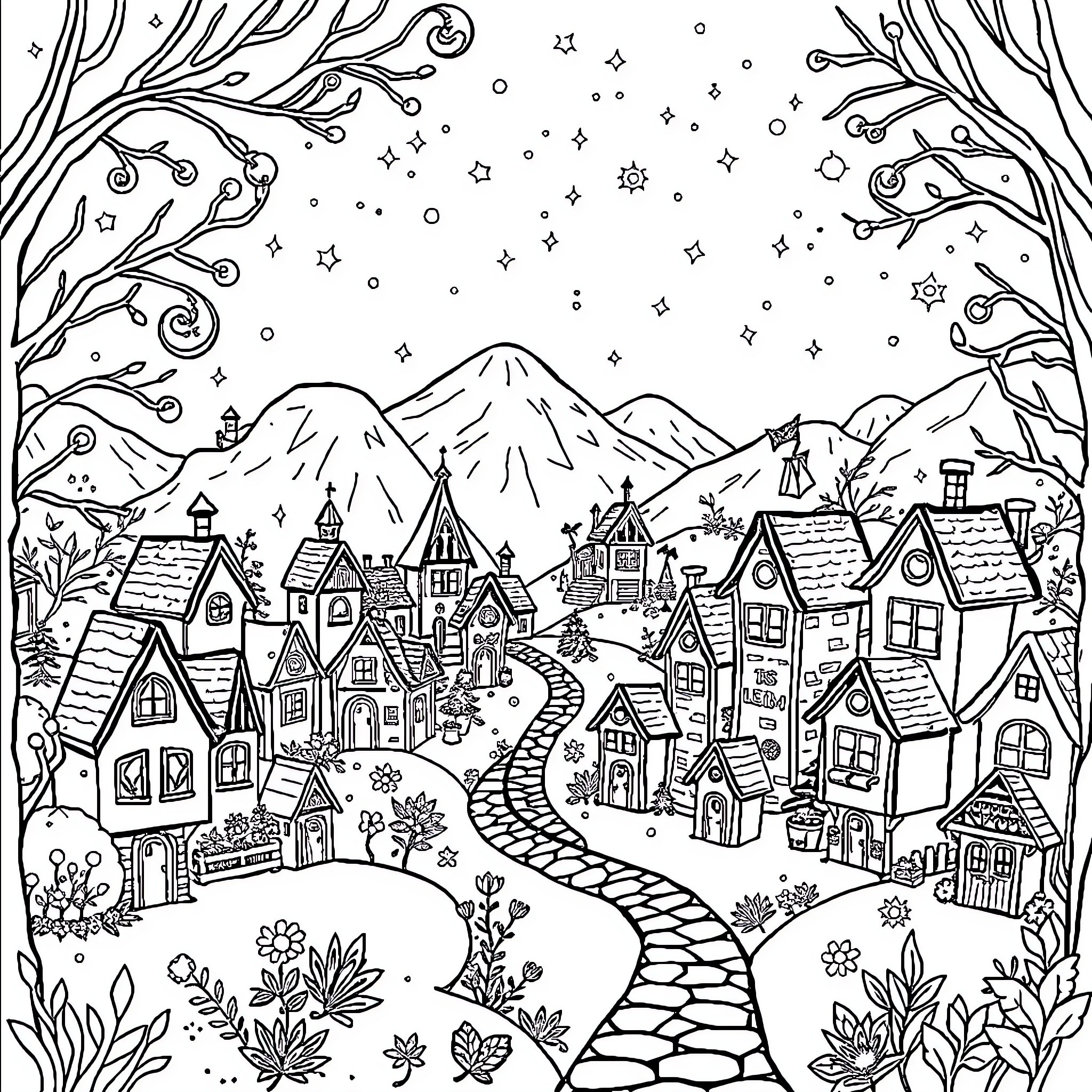 Fairy Winter Wonderland with Whimsical Houses Coloring Page (free black-and-white line drawing printable PDF for all, from beginners to advanced learners, including children, teens, adults, and seniors)