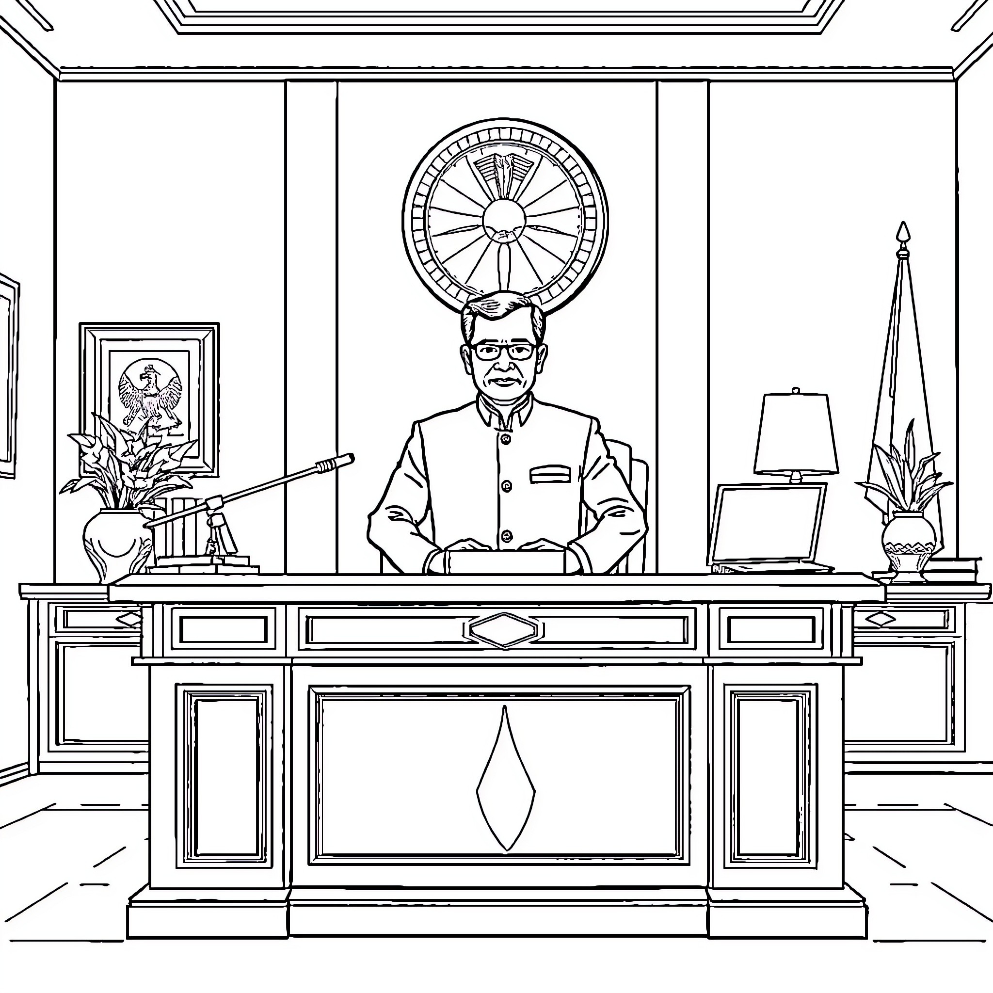 President sitting at formal desk in elegant office Coloring Page (free black-and-white line drawing printable PDF for all, from beginners to advanced learners, including children, teens, adults, and seniors)