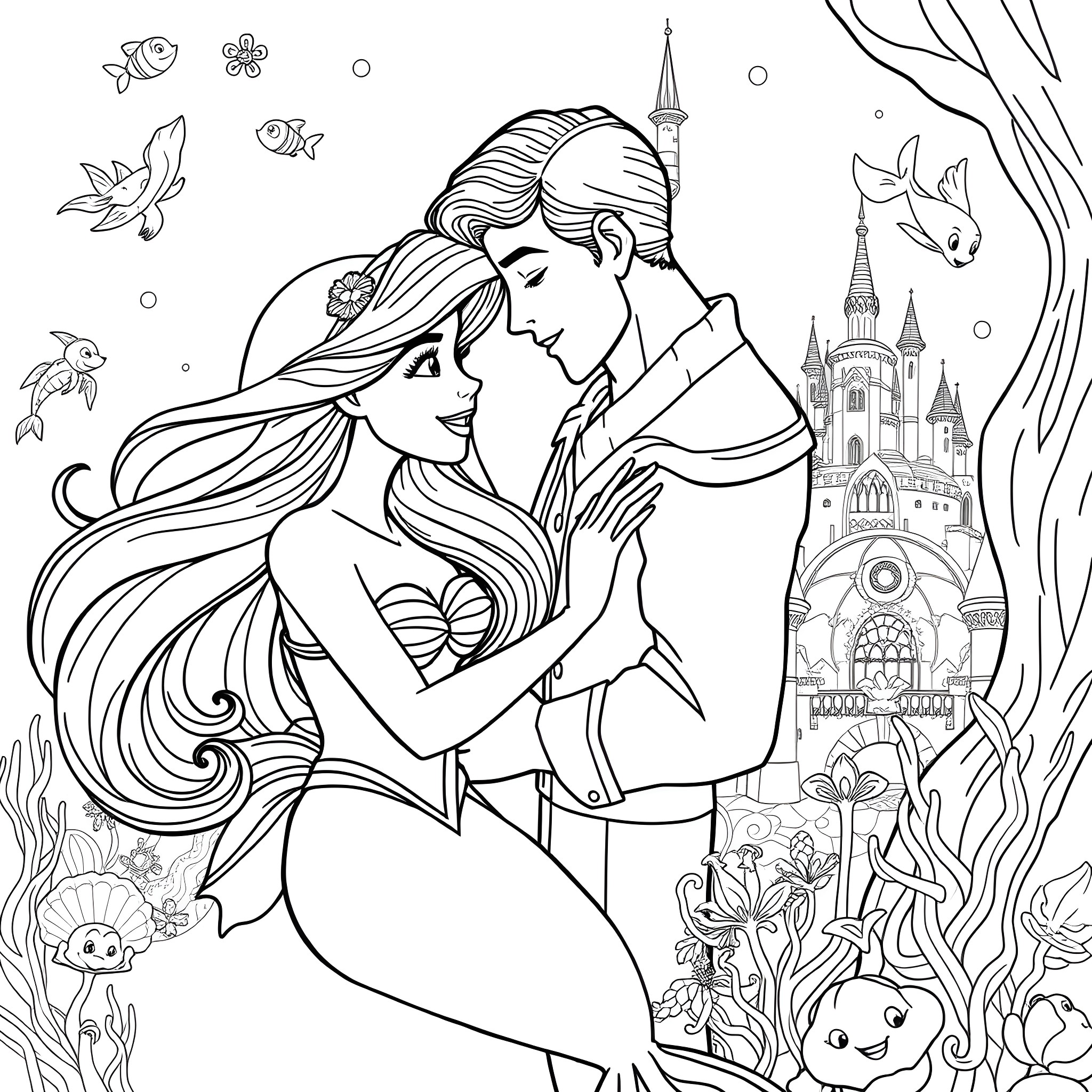 Ariel and Eric in an underwater castle scene Coloring Page (free black-and-white line drawing printable PDF for all, from beginners to advanced learners, including children, teens, adults, and seniors)
