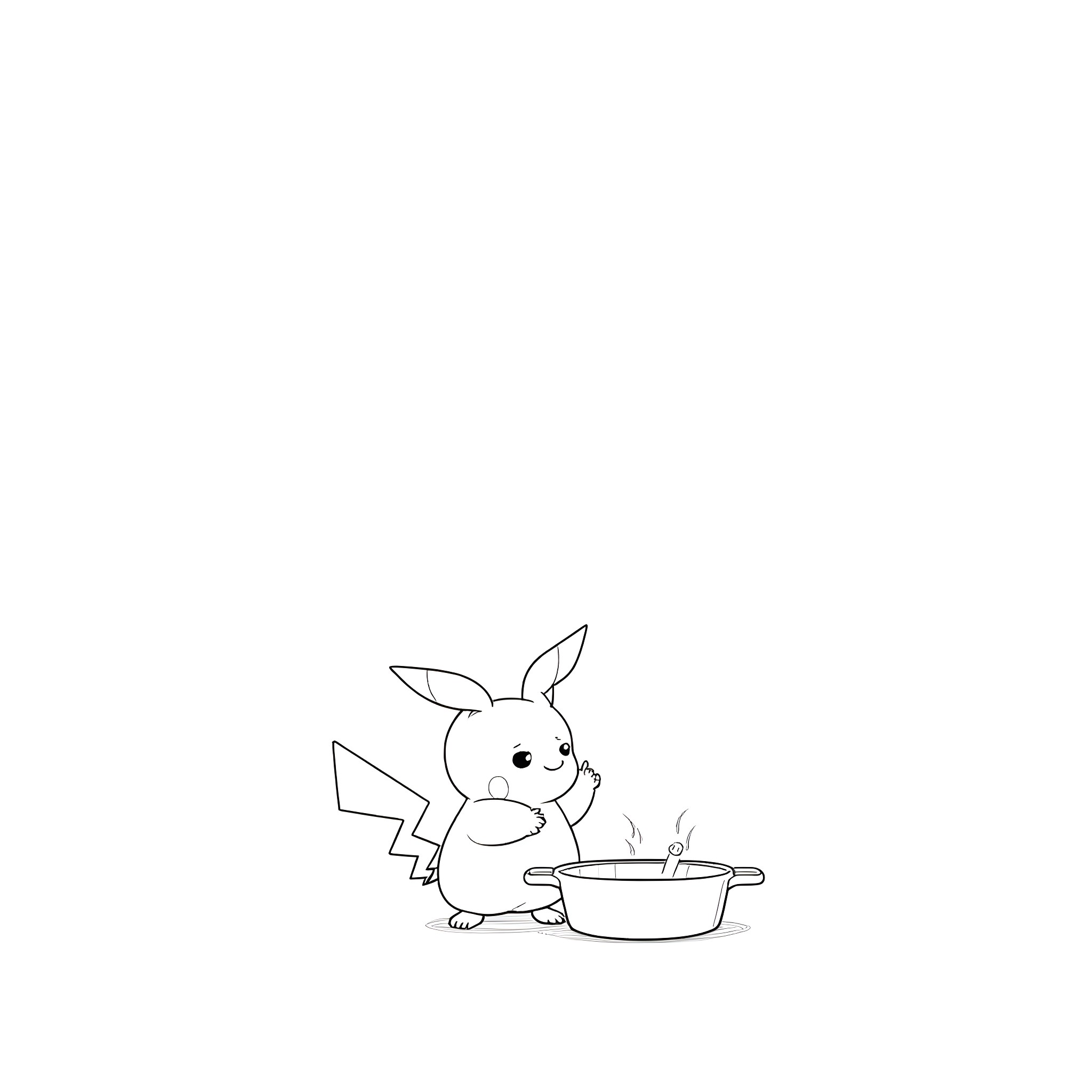 Pikachu cooking a tasty meal Coloring Page (free black-and-white line drawing printable PDF for all, from beginners to advanced learners, including children, teens, adults, and seniors)