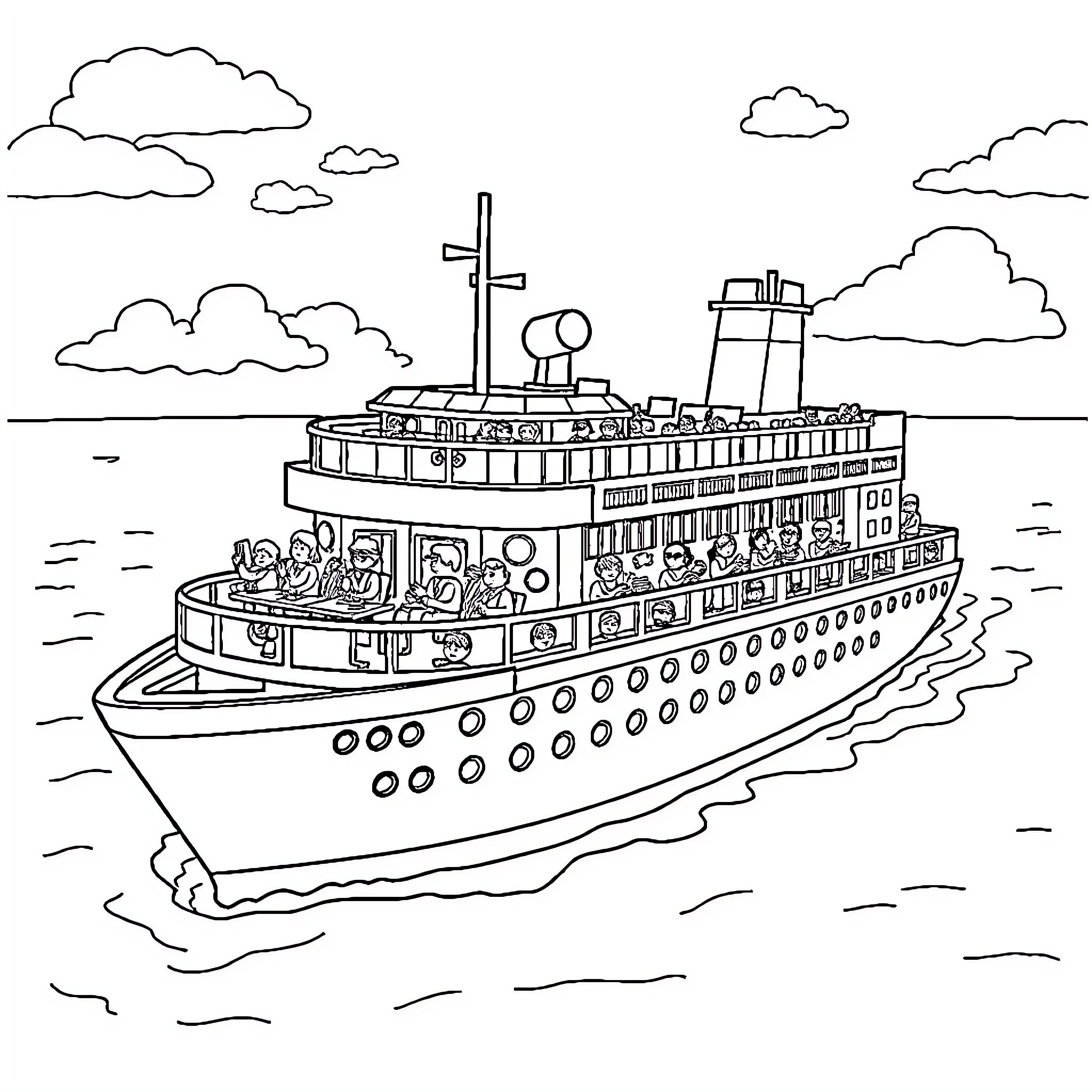 Cruise Ship with Passengers on Deck Coloring Page (free black-and-white line drawing printable PDF for all, from beginners to advanced learners, including children, teens, adults, and seniors)
