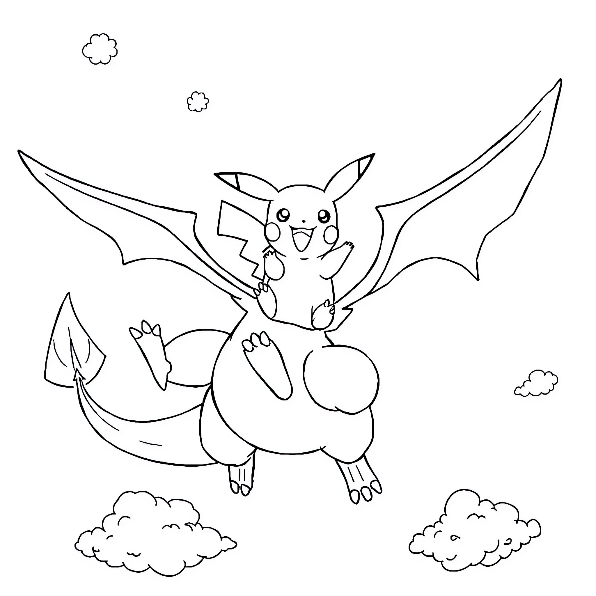 Pikachu flying happily in the sky Coloring Page (free black-and-white line drawing printable PDF for all, from beginners to advanced learners, including children, teens, adults, and seniors)