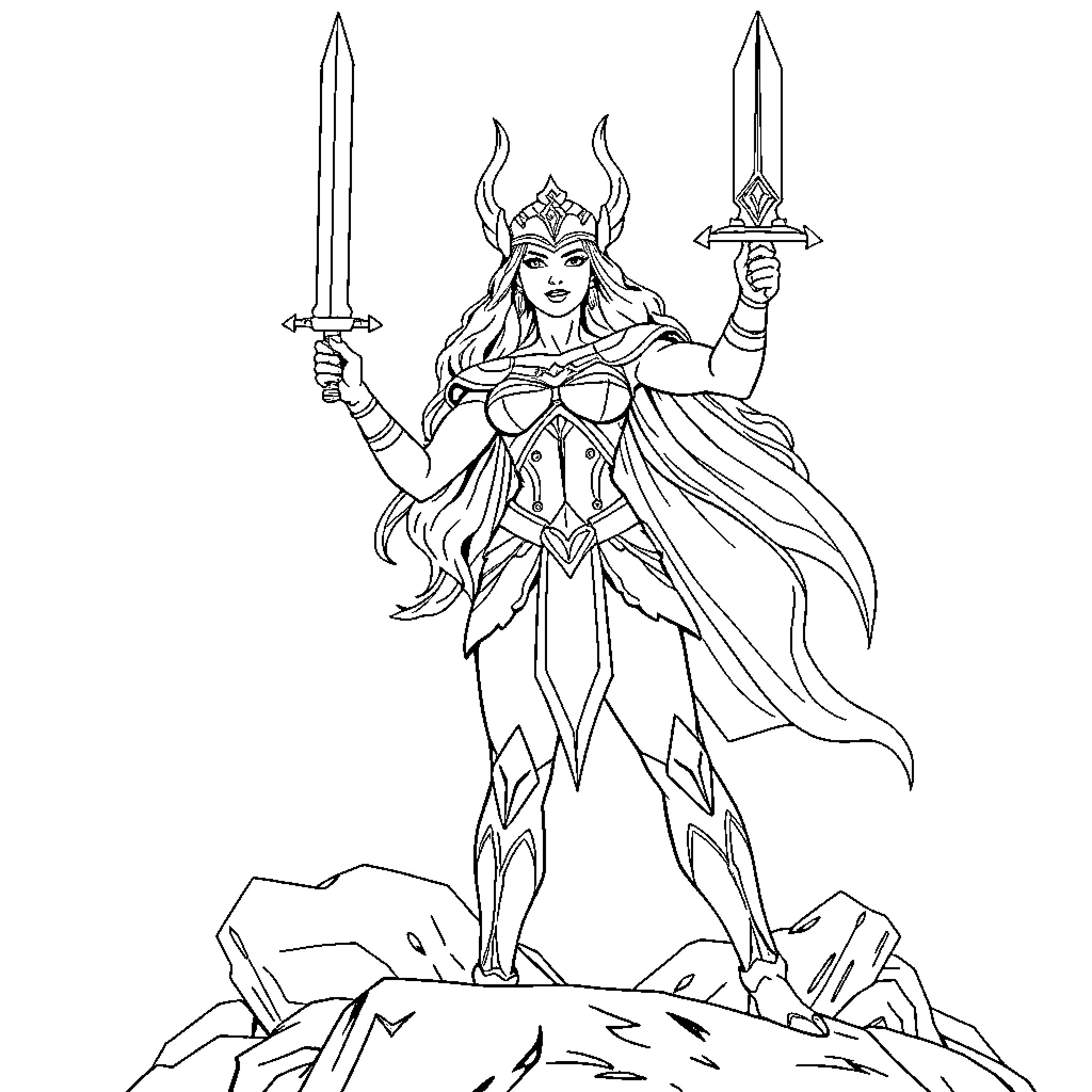 She-Ra, the Powerful Warrior Princess Stands Tall Coloring Page (free black-and-white line drawing printable PDF for all, from beginners to advanced learners, including children, teens, adults, and seniors)