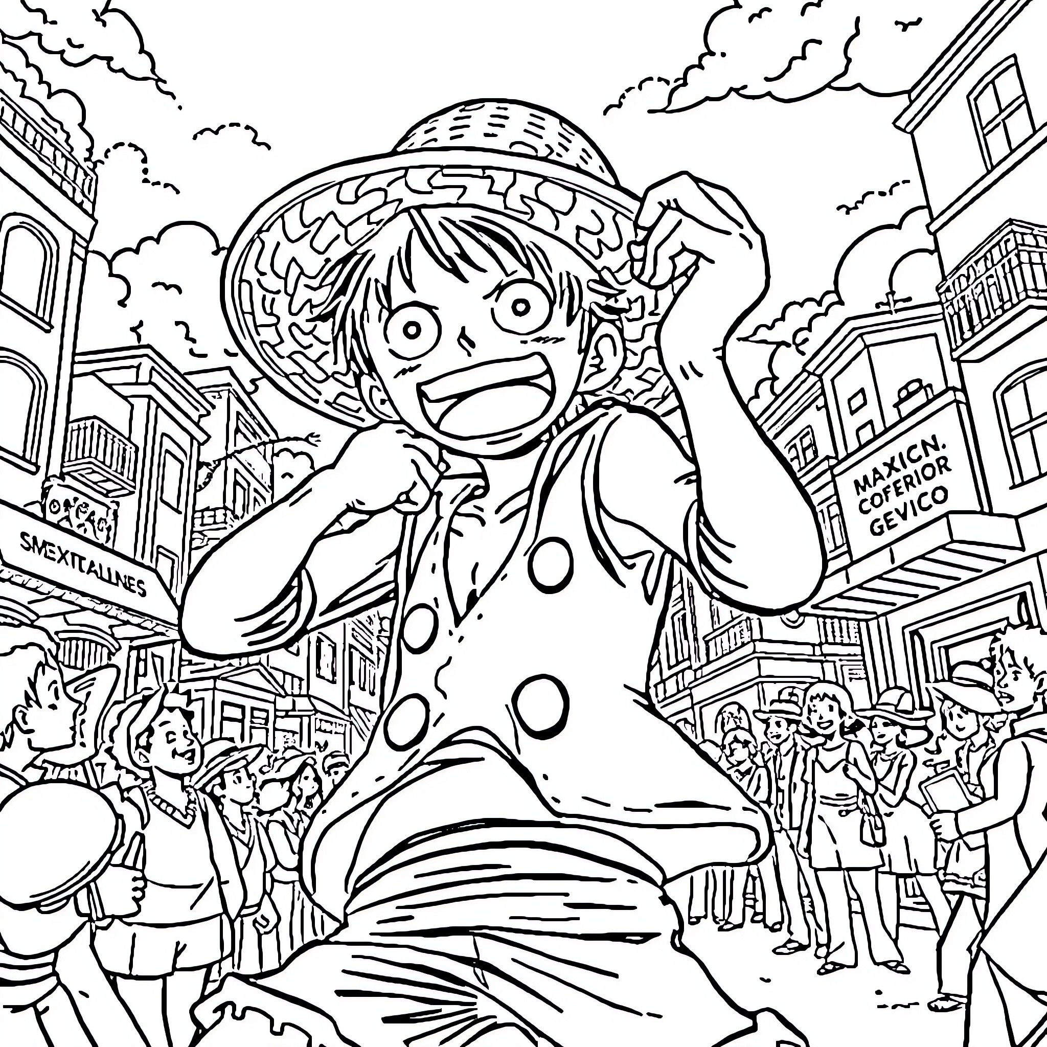 Luffy Celebrating in the Bustling Town Coloring Page (free black-and-white line drawing printable PDF for all, from beginners to advanced learners, including children, teens, adults, and seniors)