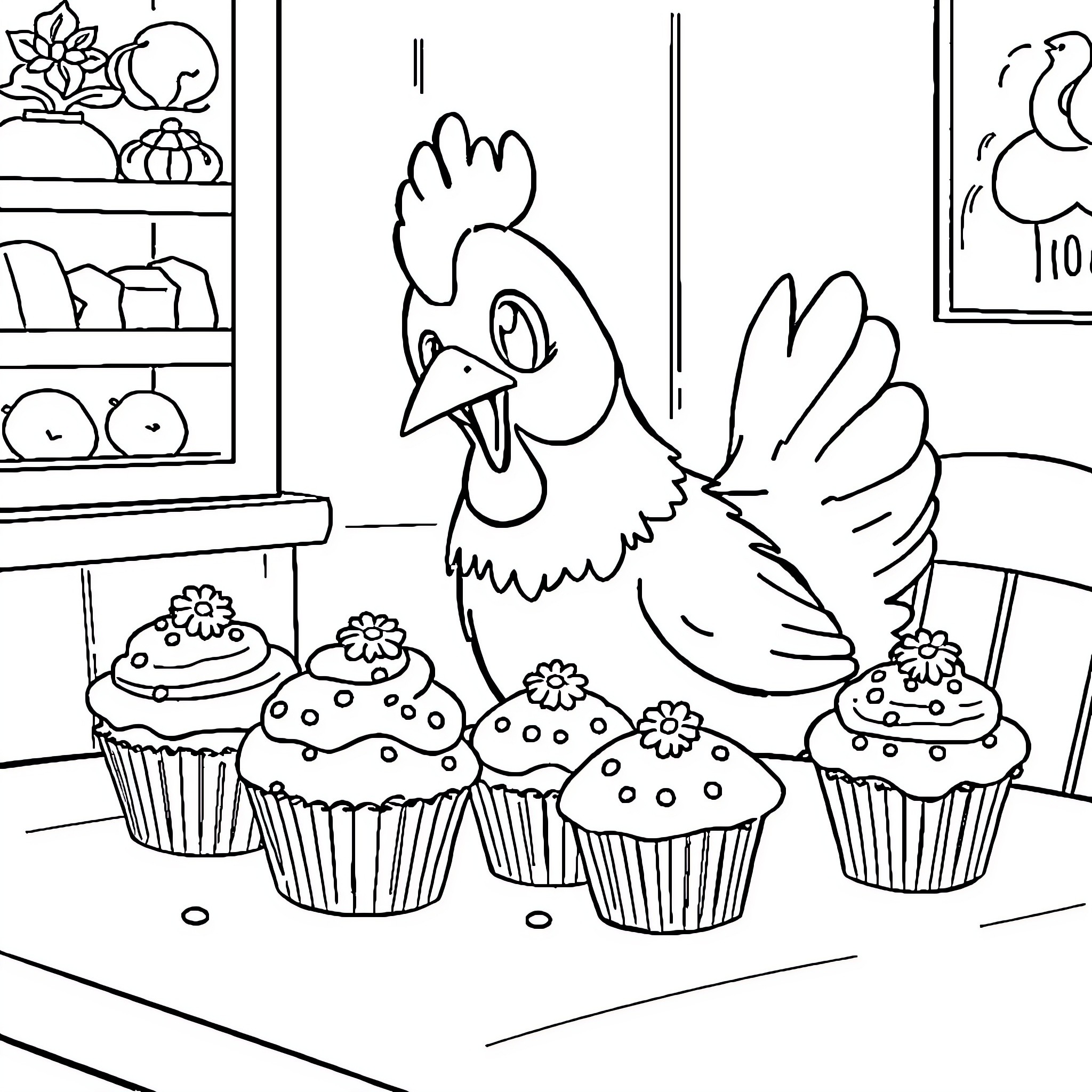 Chica baking delightful cupcakes in the kitchen Coloring Page (free black-and-white line drawing printable PDF for all, from beginners to advanced learners, including children, teens, adults, and seniors)