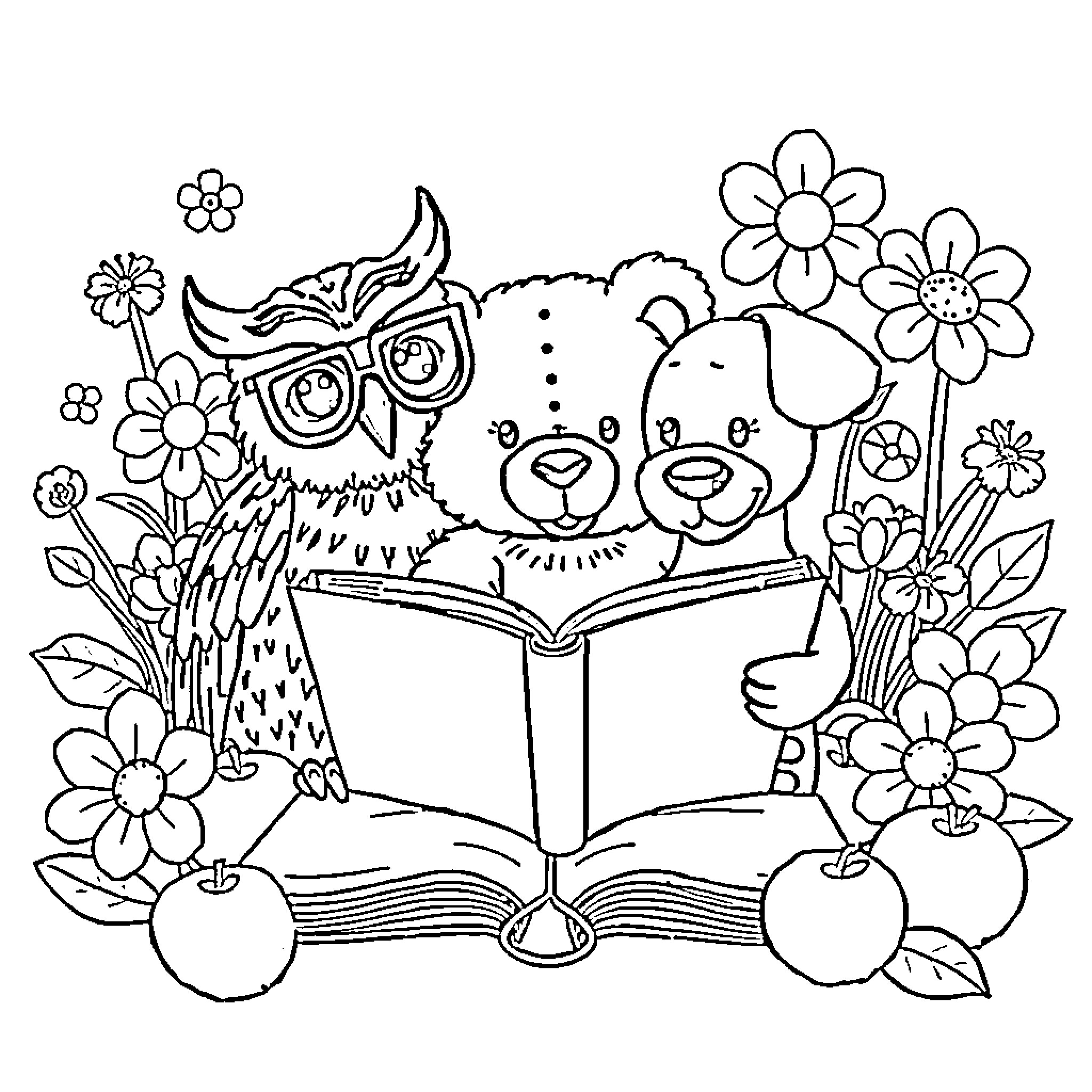 Owl and bear reading books surrounded by flowers Coloring Page (free black-and-white line drawing printable PDF for all, from beginners to advanced learners, including children, teens, adults, and seniors)