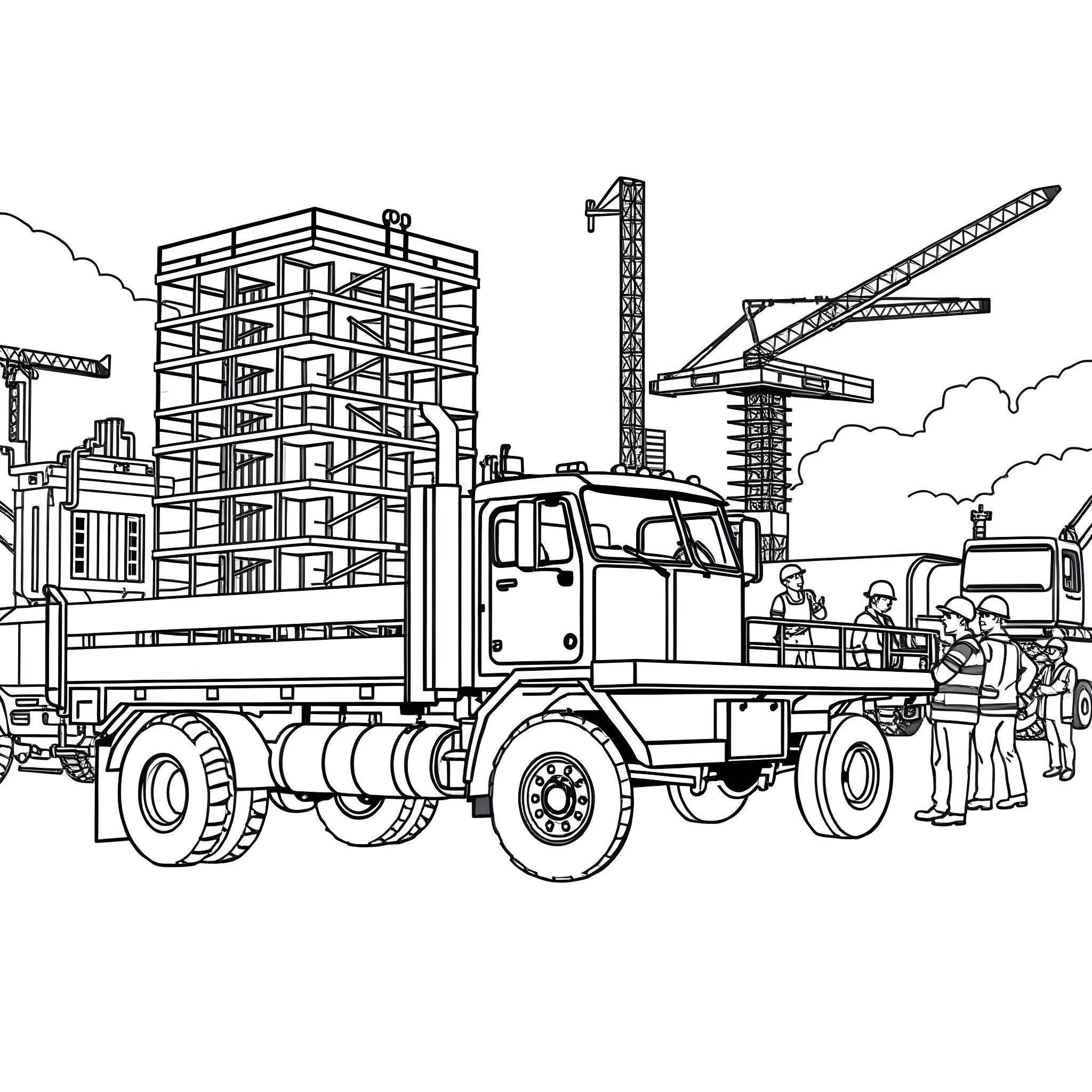 Flatbed construction truck hauling materials on site Coloring Page (free black-and-white line drawing printable PDF for all, from beginners to advanced learners, including children, teens, adults, and seniors)