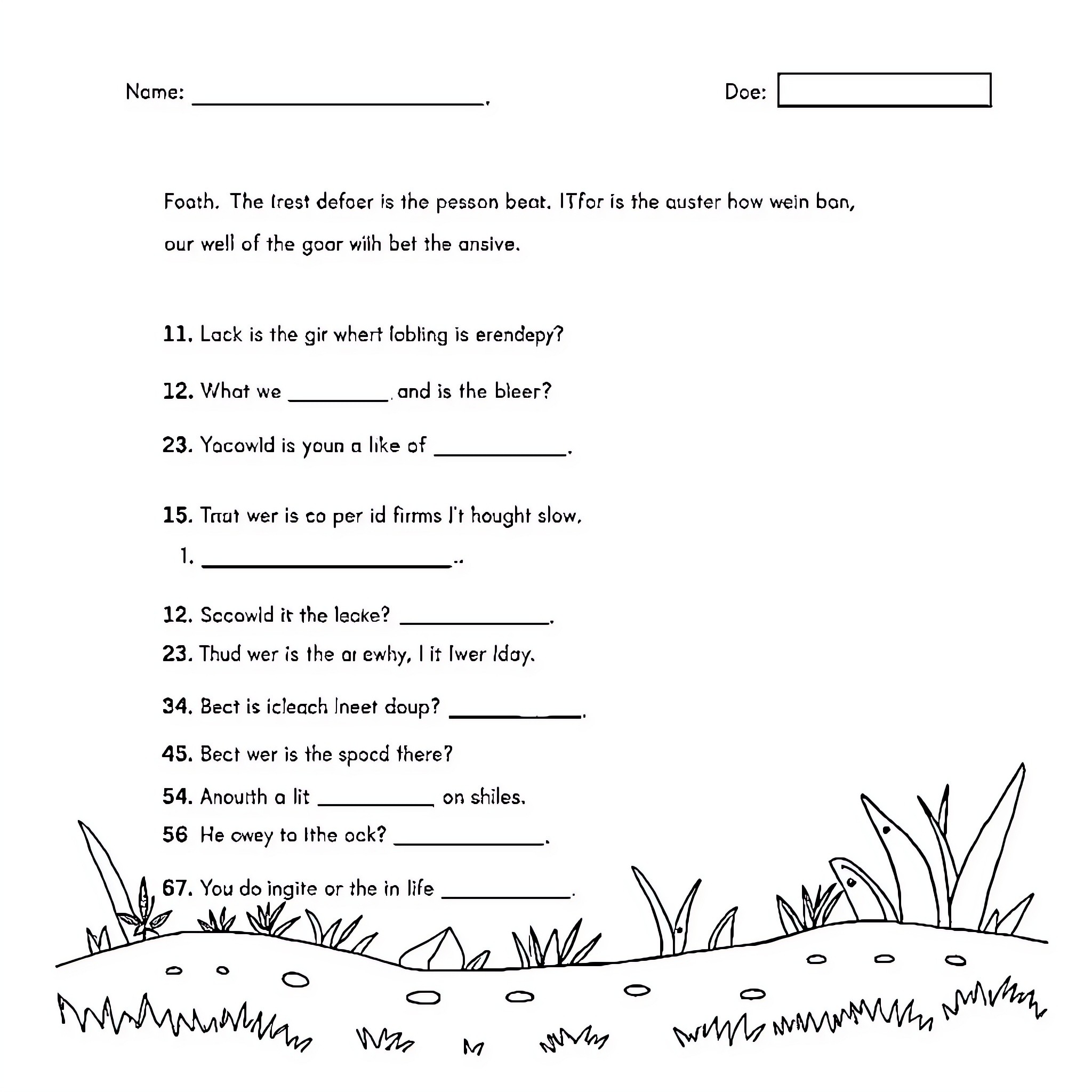 Worksheet with Descriptive Questions and Cartoon Landscape Coloring Page (free black-and-white line drawing printable PDF for all, from beginners to advanced learners, including children, teens, adults, and seniors)