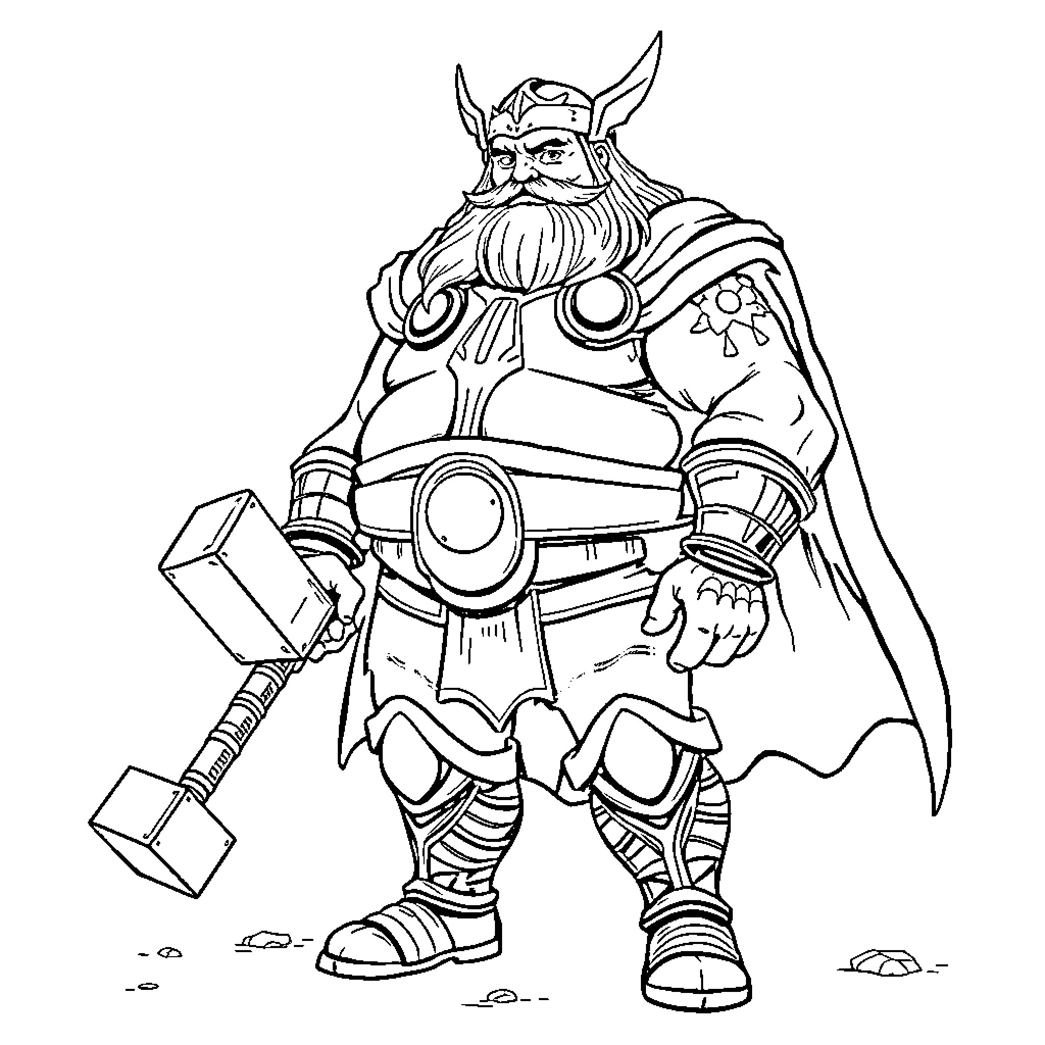 Thor the Mighty Warrior with Iconic Hammer Coloring Page (free black-and-white line drawing printable PDF for all, from beginners to advanced learners, including children, teens, adults, and seniors)