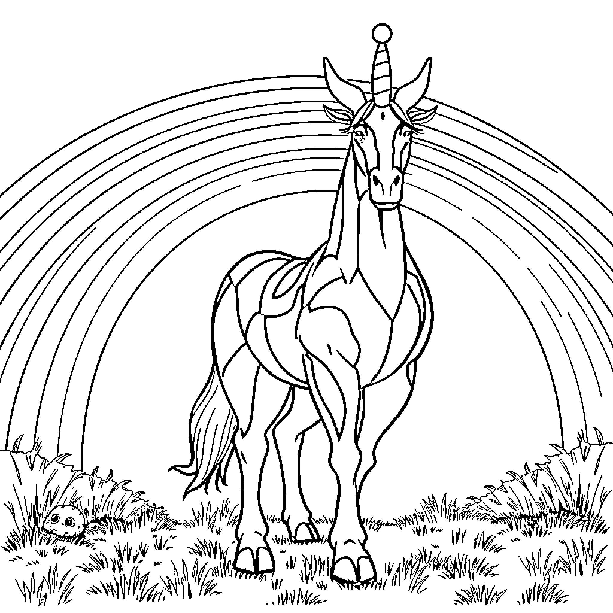 Welsh Harlequin unicorn in a whimsical field Coloring Page (free black-and-white line drawing printable PDF for all, from beginners to advanced learners, including children, teens, adults, and seniors)