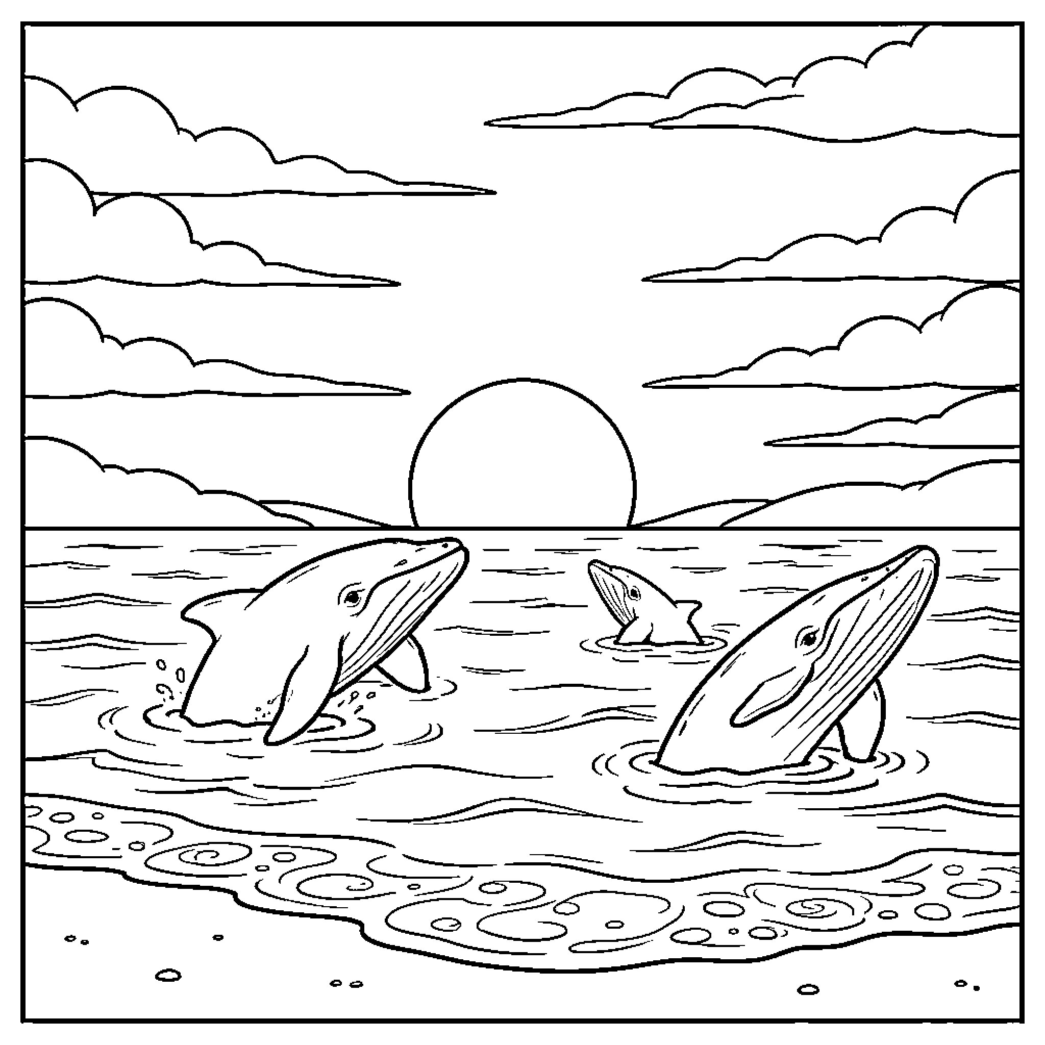 Ballena whales frolicking in the ocean at sunset Coloring Page (free black-and-white line drawing printable PDF for all, from beginners to advanced learners, including children, teens, adults, and seniors)