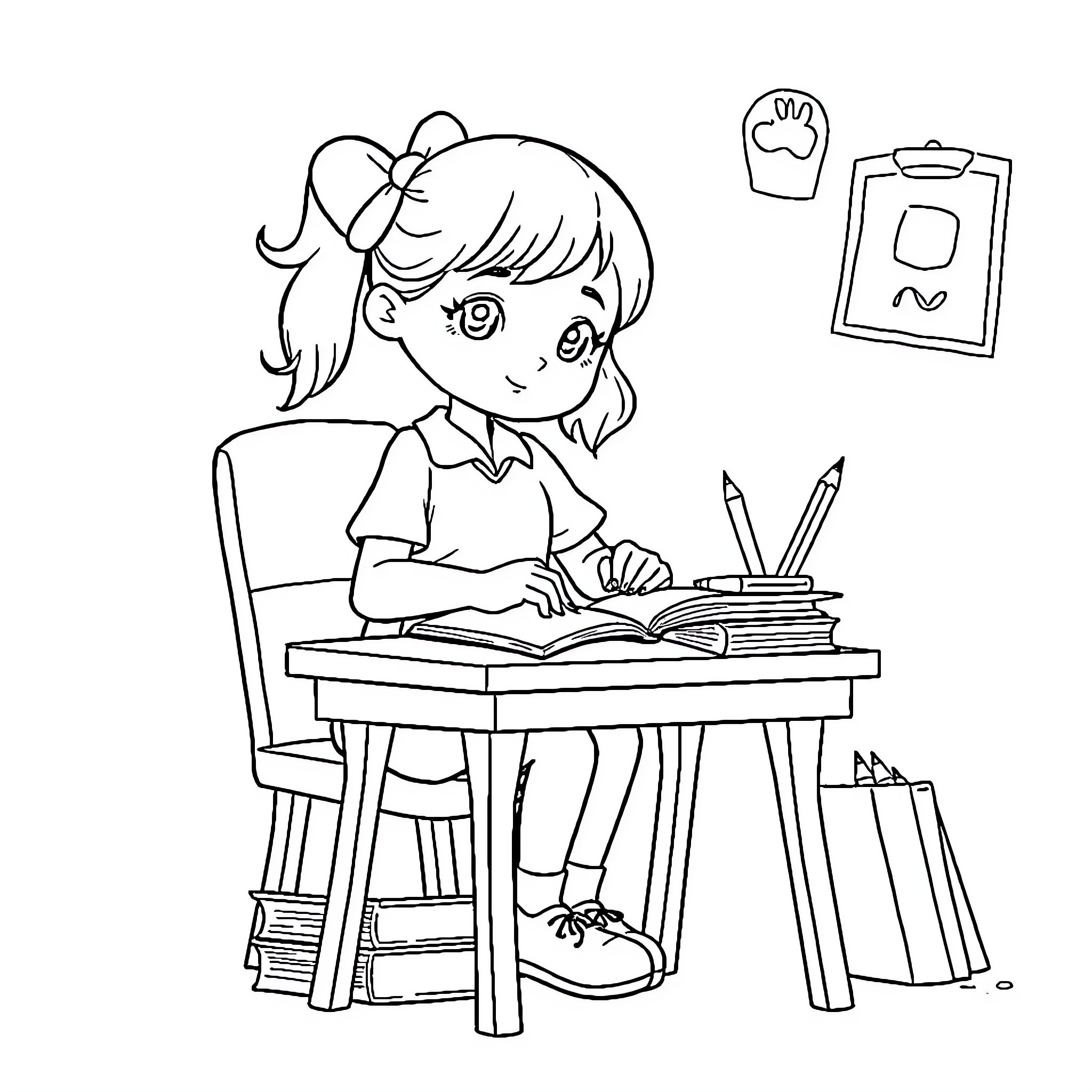 Bluey Studying Diligently at Her Desk Coloring Page (free black-and-white line drawing printable PDF for all, from beginners to advanced learners, including children, teens, adults, and seniors)