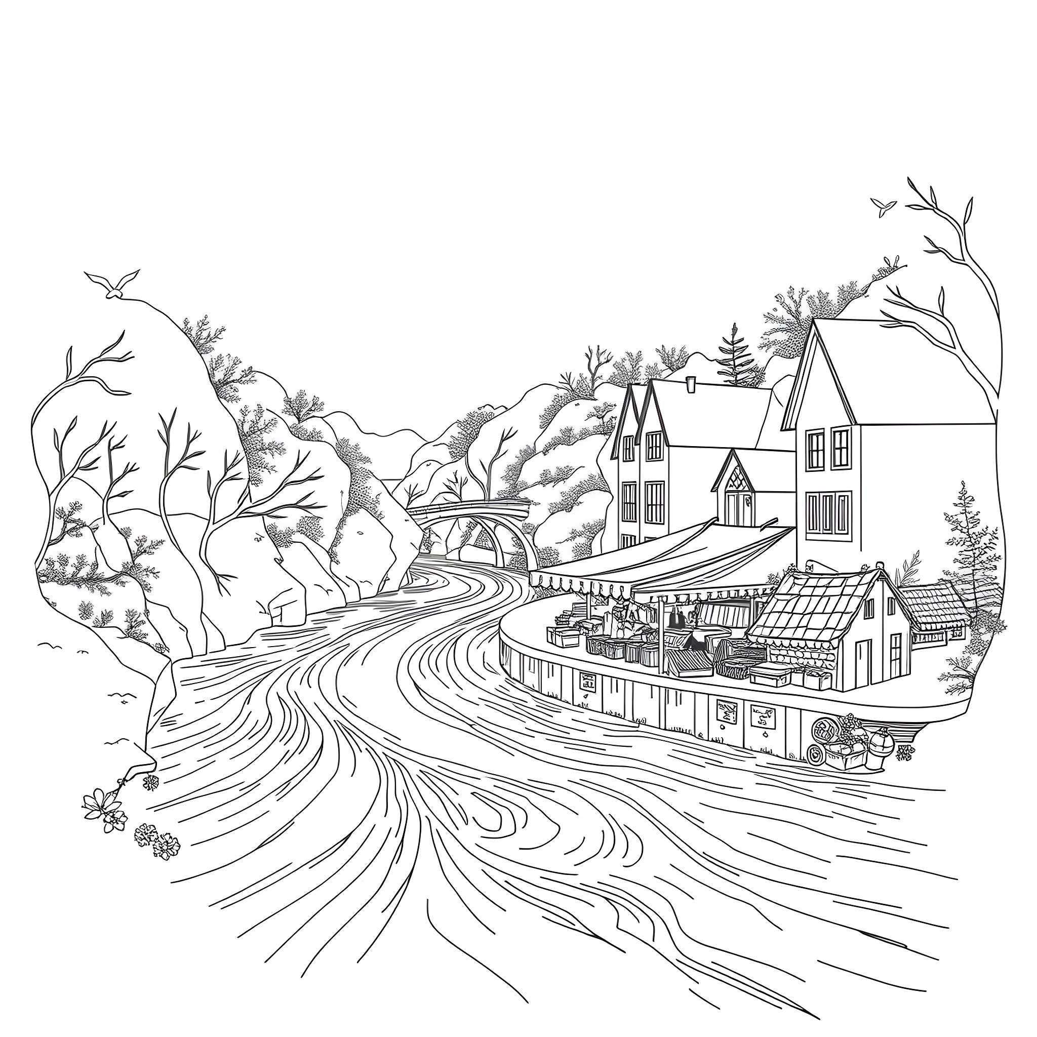 River flowing through a cozy village landscape Coloring Page (free black-and-white line drawing printable PDF for all, from beginners to advanced learners, including children, teens, adults, and seniors)