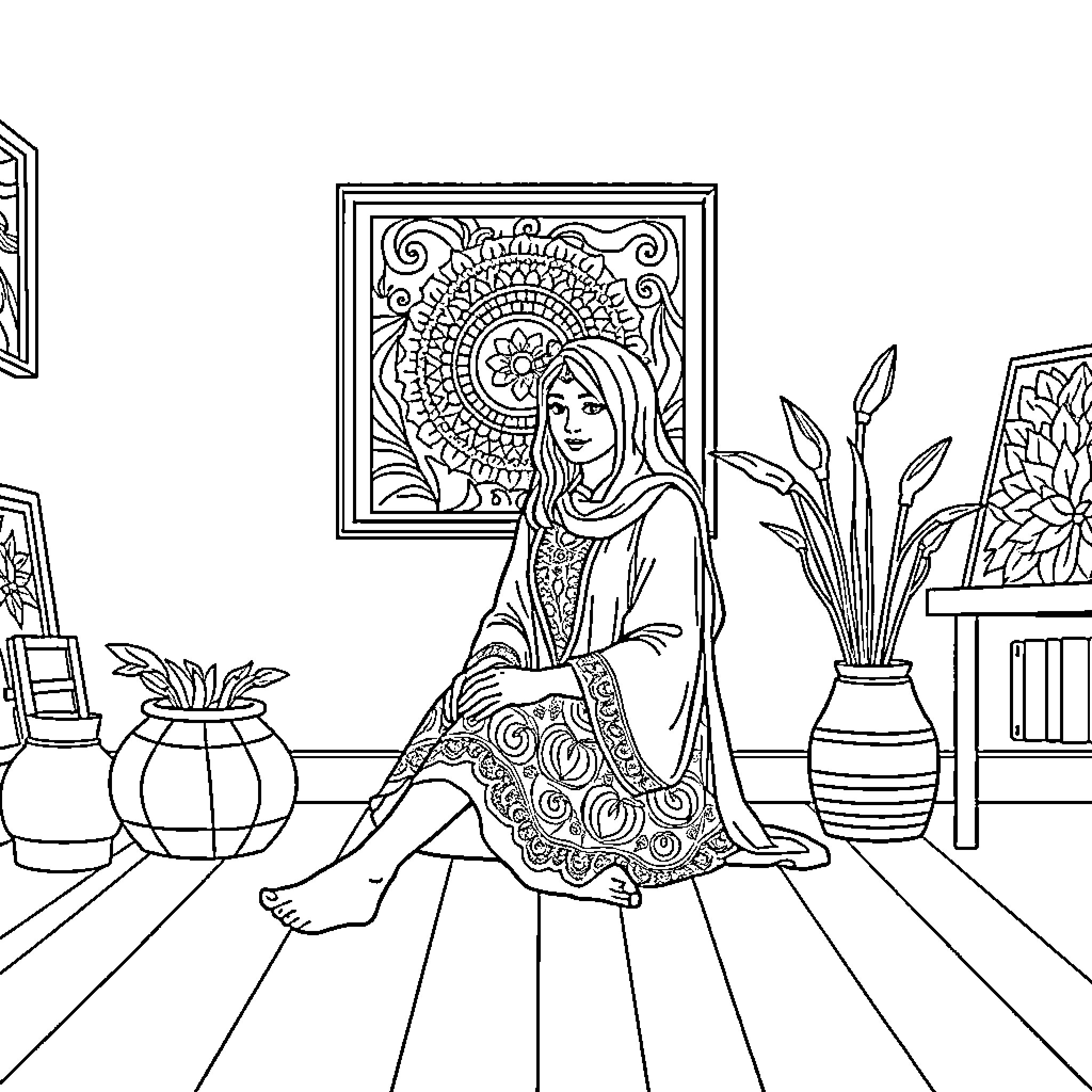 Mandala Woman Contemplating in an Interior Setting Coloring Page (free black-and-white line drawing printable PDF for all, from beginners to advanced learners, including children, teens, adults, and seniors)