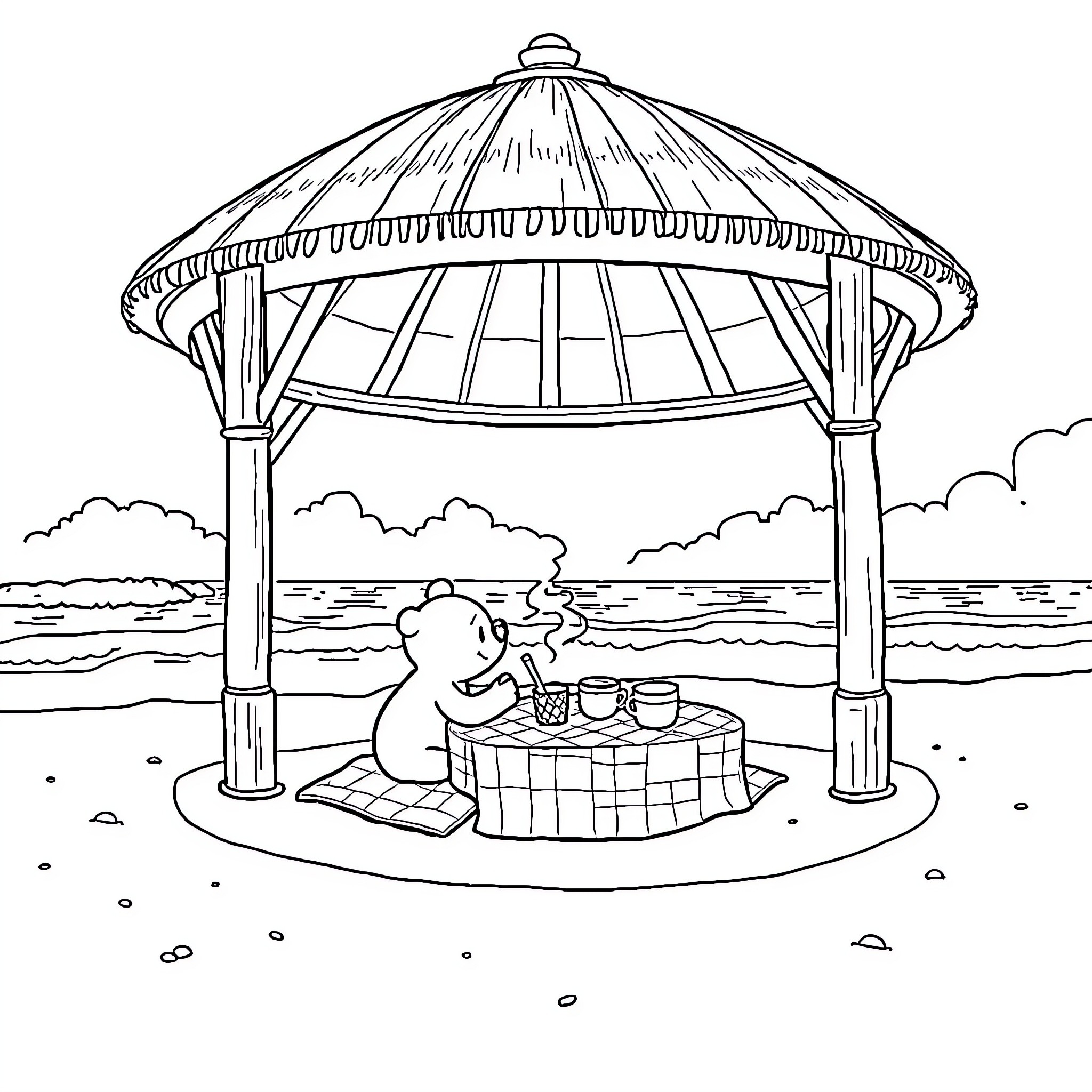 Bluey's Relaxing Picnic under the Gazebo Coloring Page (free black-and-white line drawing printable PDF for all, from beginners to advanced learners, including children, teens, adults, and seniors)