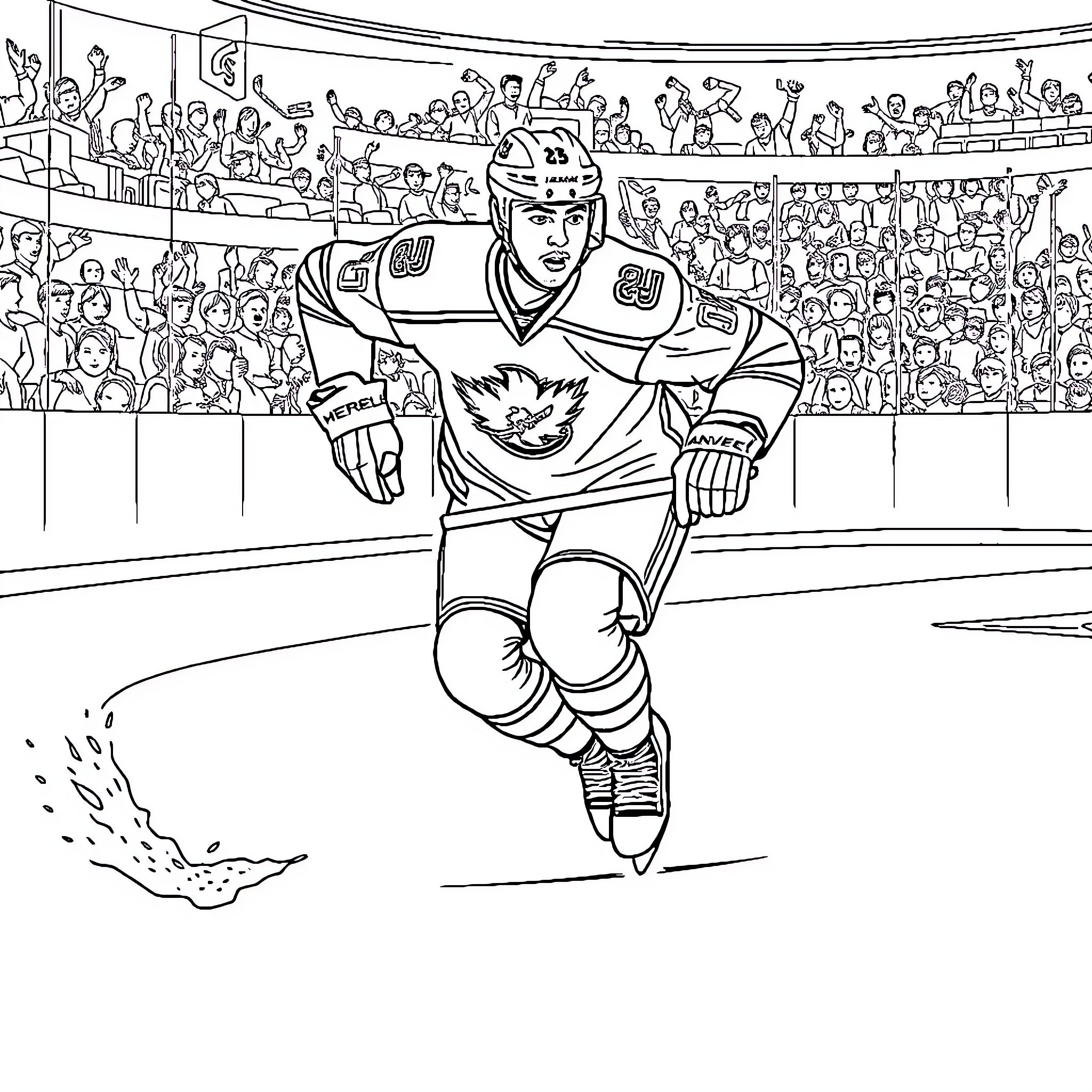 Brandon Tanev skating forcefully on the ice Coloring Page (free black-and-white line drawing printable PDF for all, from beginners to advanced learners, including children, teens, adults, and seniors)