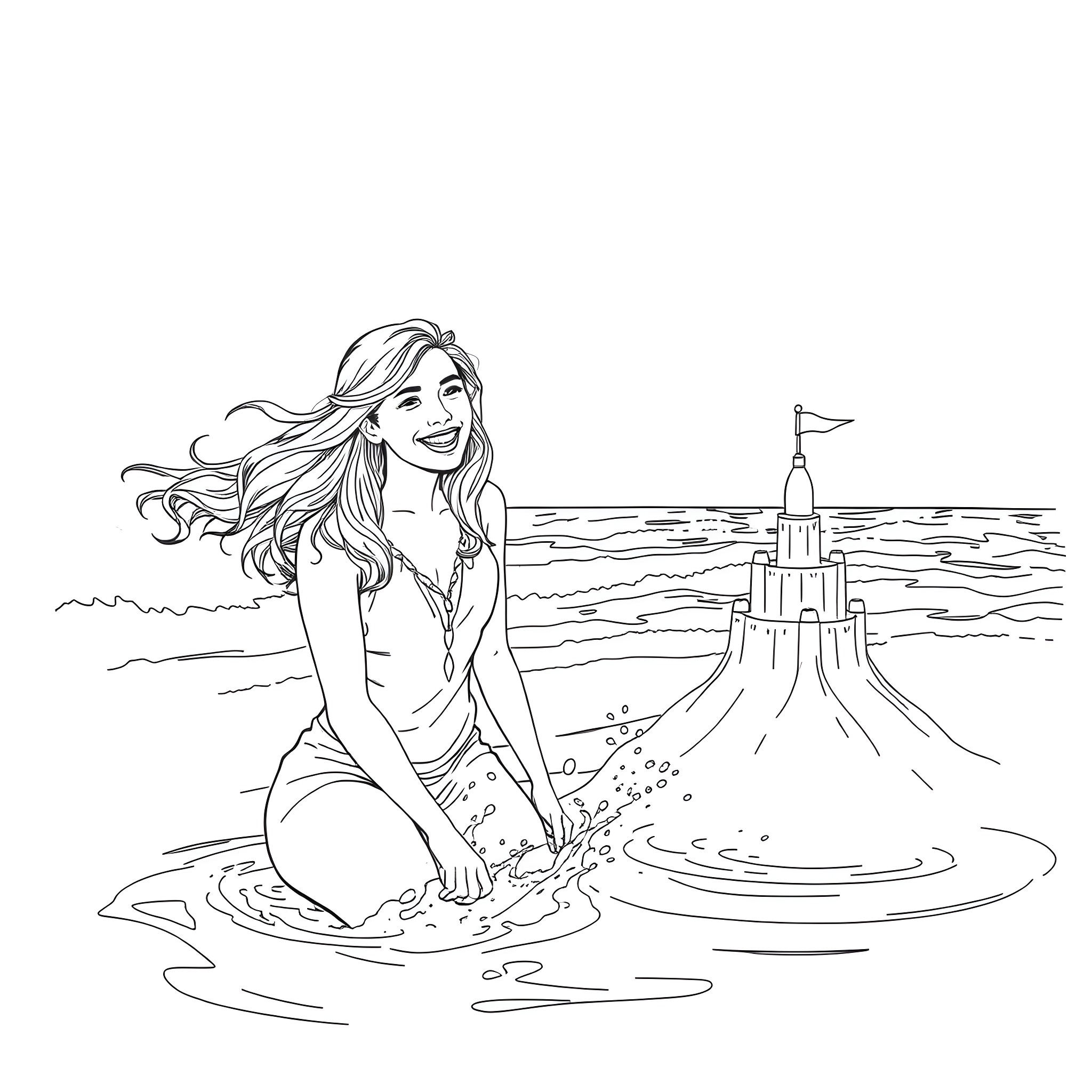 Mary Jane enjoying the ocean waves and castle Coloring Page (free black-and-white line drawing printable PDF for all, from beginners to advanced learners, including children, teens, adults, and seniors)