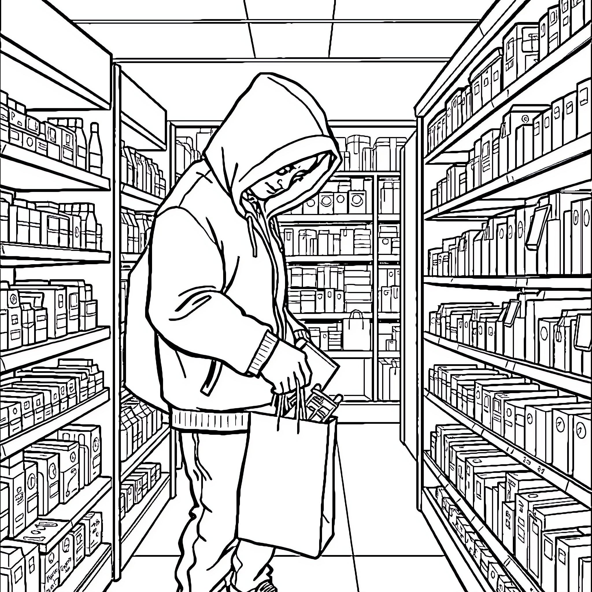Shoplifter sneaking through the store aisles Coloring Page (free black-and-white line drawing printable PDF for all, from beginners to advanced learners, including children, teens, adults, and seniors)