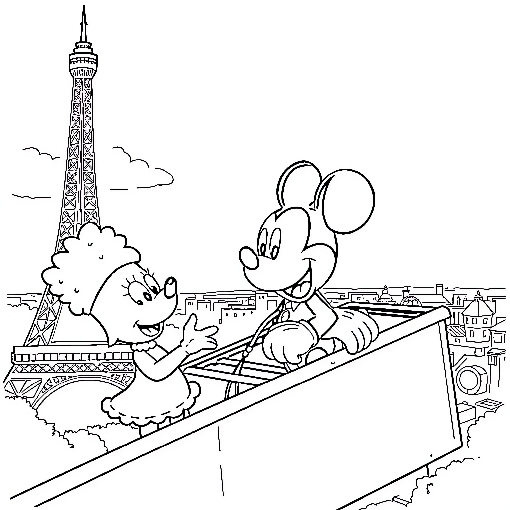 Mickey and friends explore Paris landmarks Coloring Page (free black-and-white line drawing printable PDF for all, from beginners to advanced learners, including children, teens, adults, and seniors)