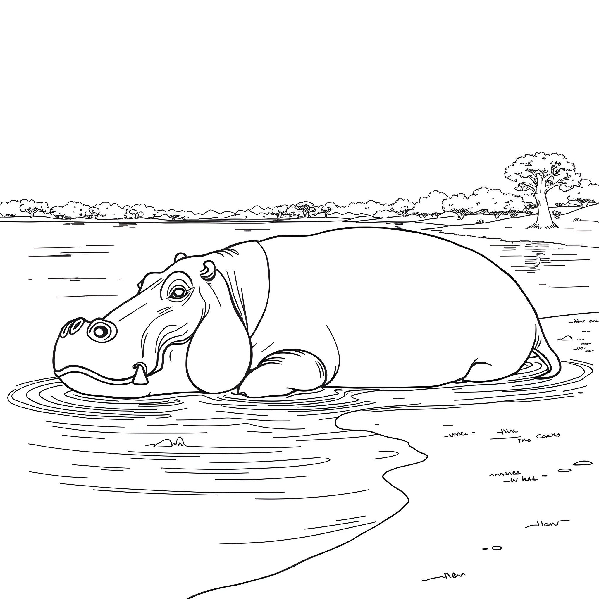 Hippopotamus relaxing in the river Coloring Page (free black-and-white line drawing printable PDF for all, from beginners to advanced learners, including children, teens, adults, and seniors)
