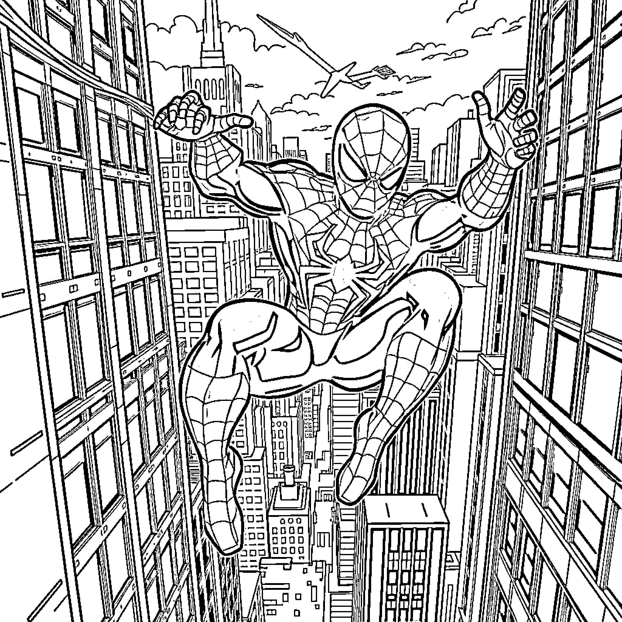 Spider-Man Swinging Above the City Streets Coloring Page (free black-and-white line drawing printable PDF for all, from beginners to advanced learners, including children, teens, adults, and seniors)