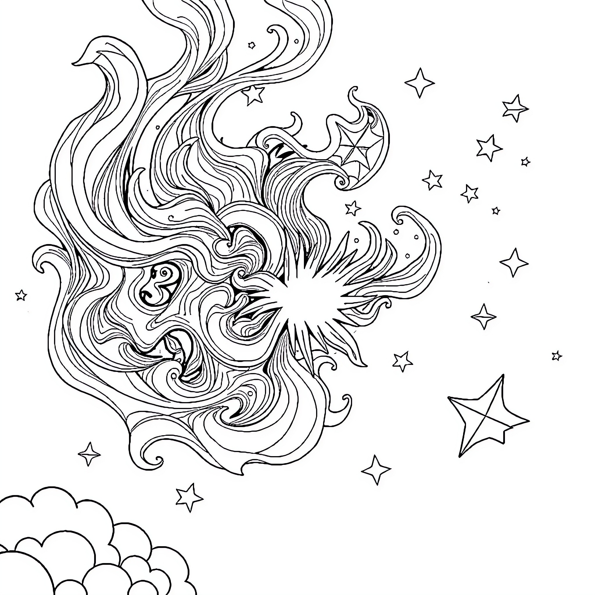 Magic Multiplication of Cosmic Shapes and Stars Coloring Page (free black-and-white line drawing printable PDF for all, from beginners to advanced learners, including children, teens, adults, and seniors)