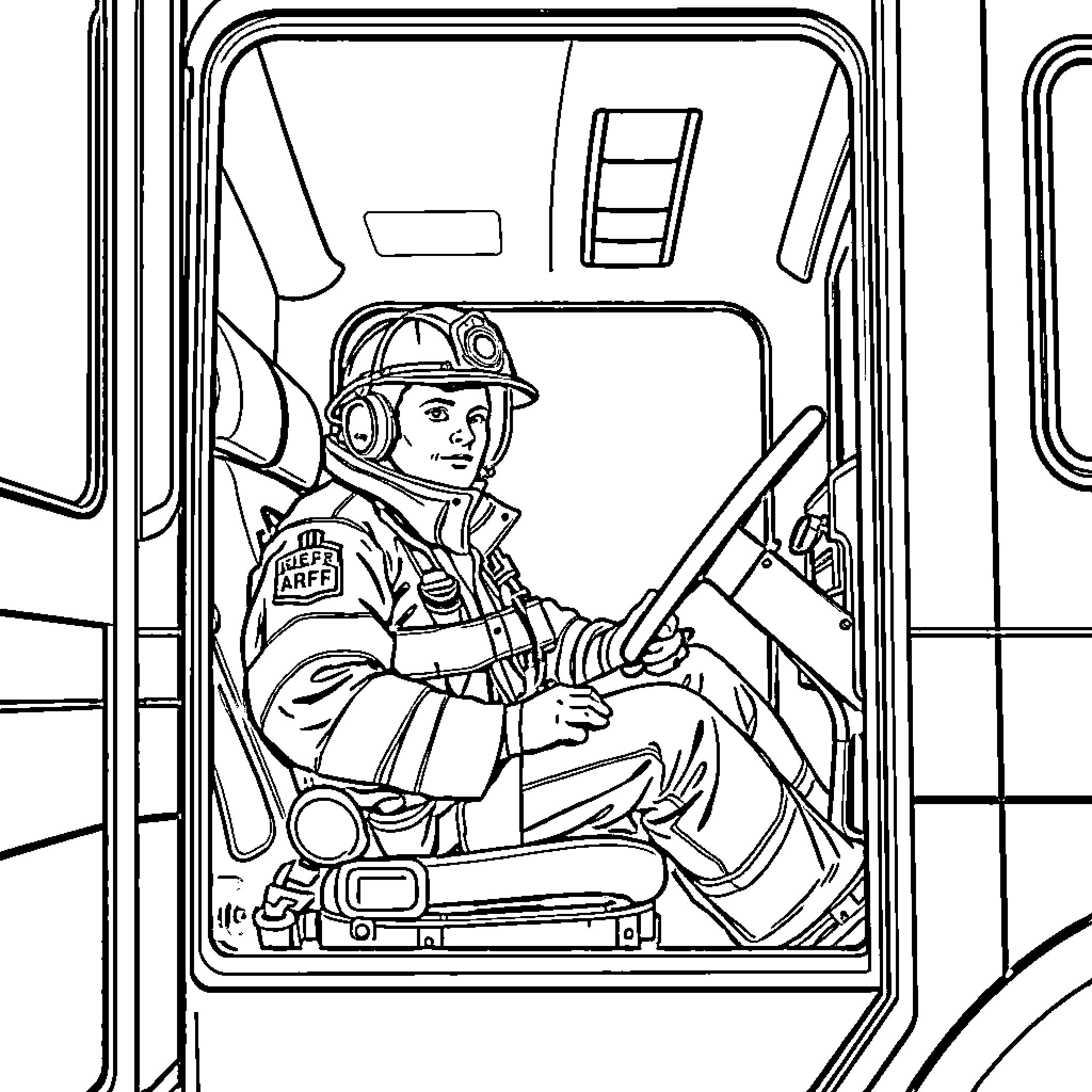 Firefighter operating emergency vehicle with equipment Coloring Page (free black-and-white line drawing printable PDF for all, from beginners to advanced learners, including children, teens, adults, and seniors)