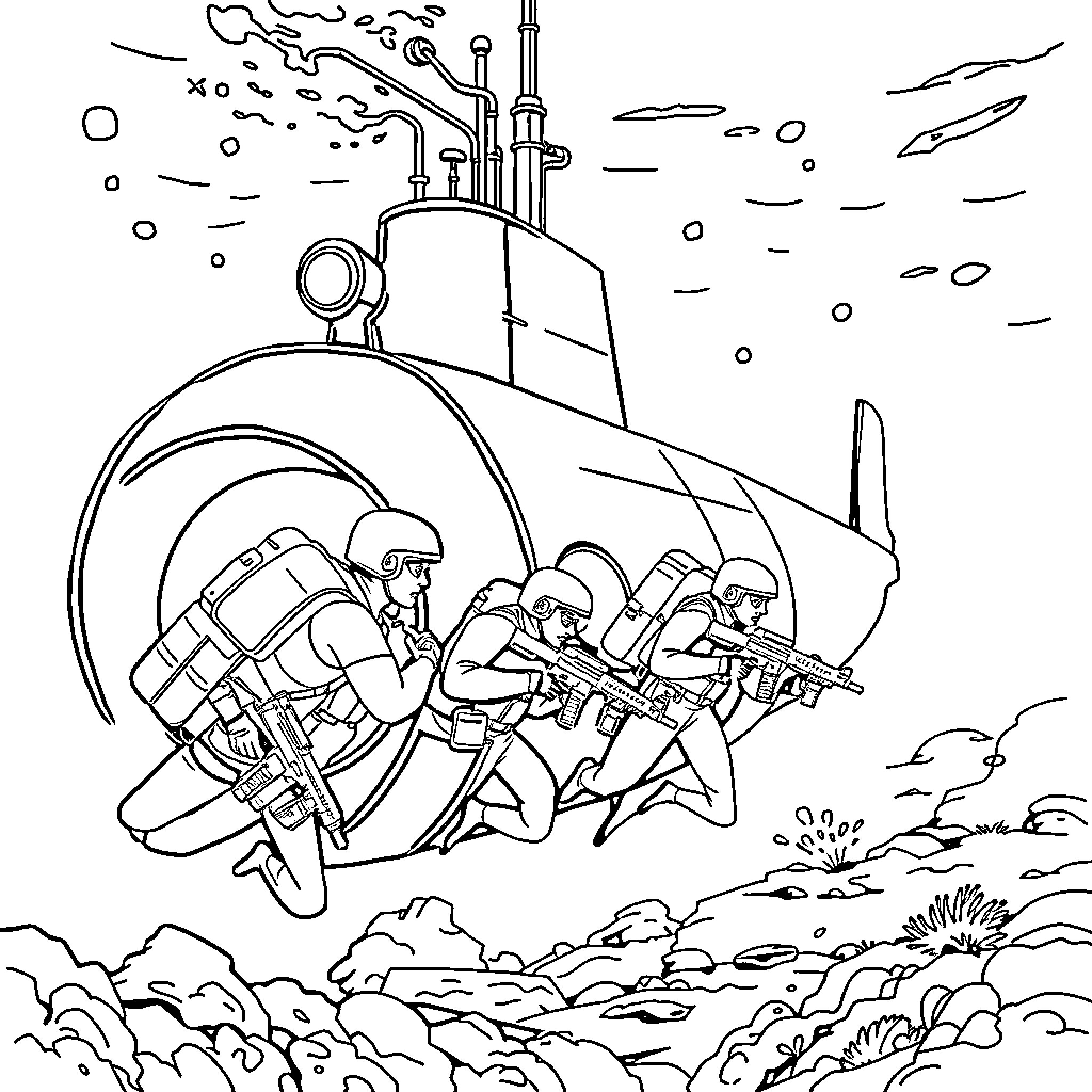 Submarine soldiers on underwater mission Coloring Page (free black-and-white line drawing printable PDF for all, from beginners to advanced learners, including children, teens, adults, and seniors)