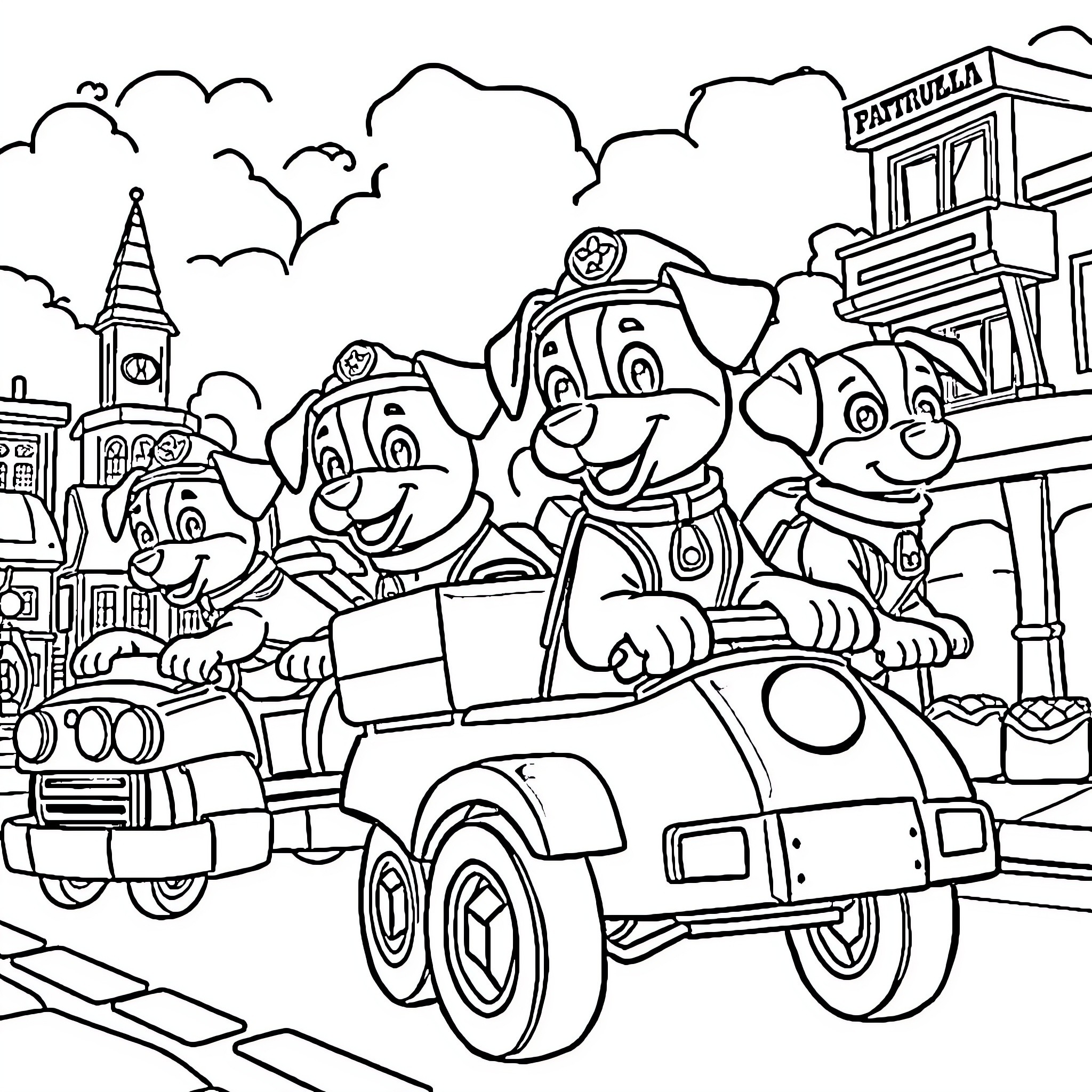 Paw Patrol Rescue Team in Action Coloring Page (free black-and-white line drawing printable PDF for all, from beginners to advanced learners, including children, teens, adults, and seniors)