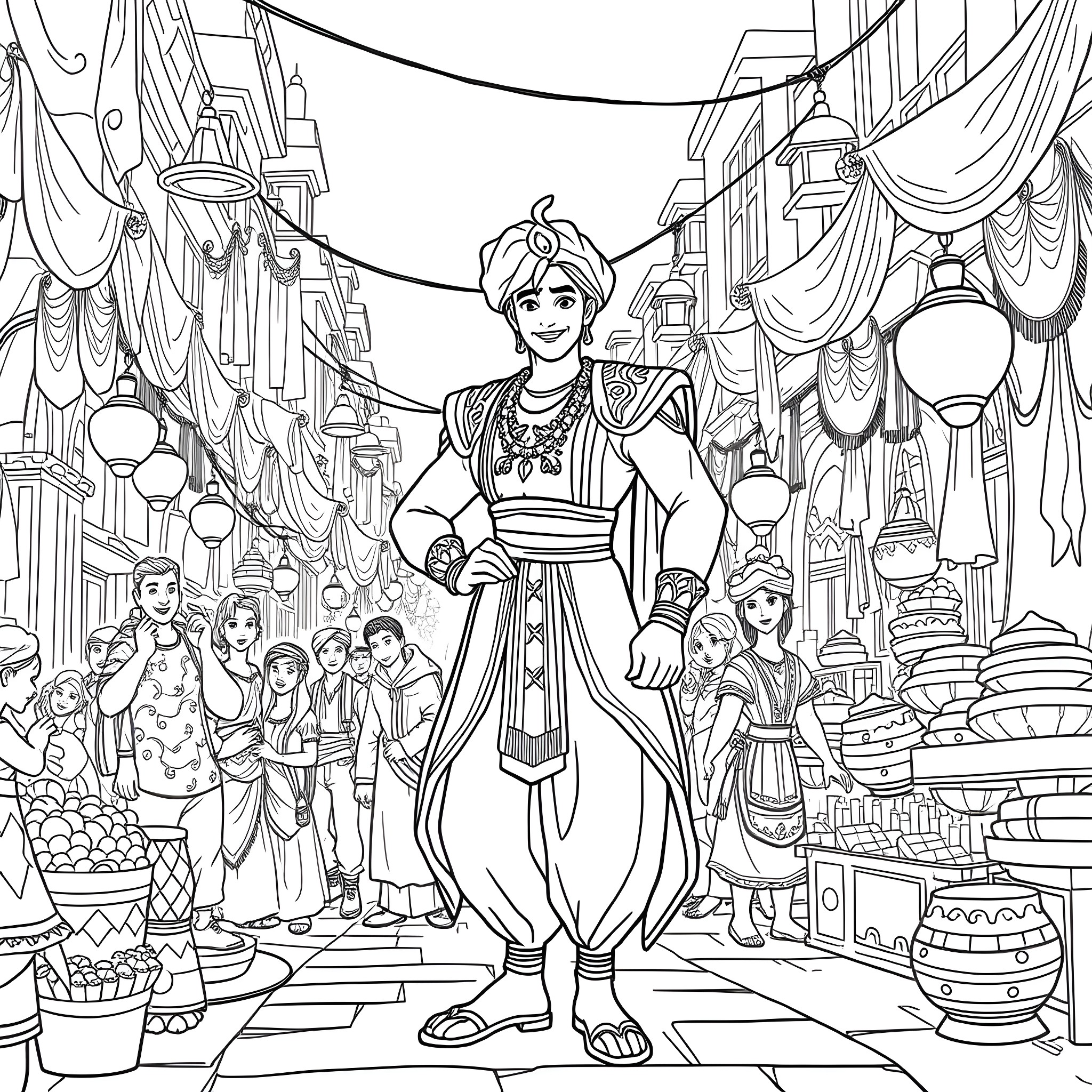 Aladdin in the bustling marketplace of Agrabah Coloring Page (free black-and-white line drawing printable PDF for all, from beginners to advanced learners, including children, teens, adults, and seniors)