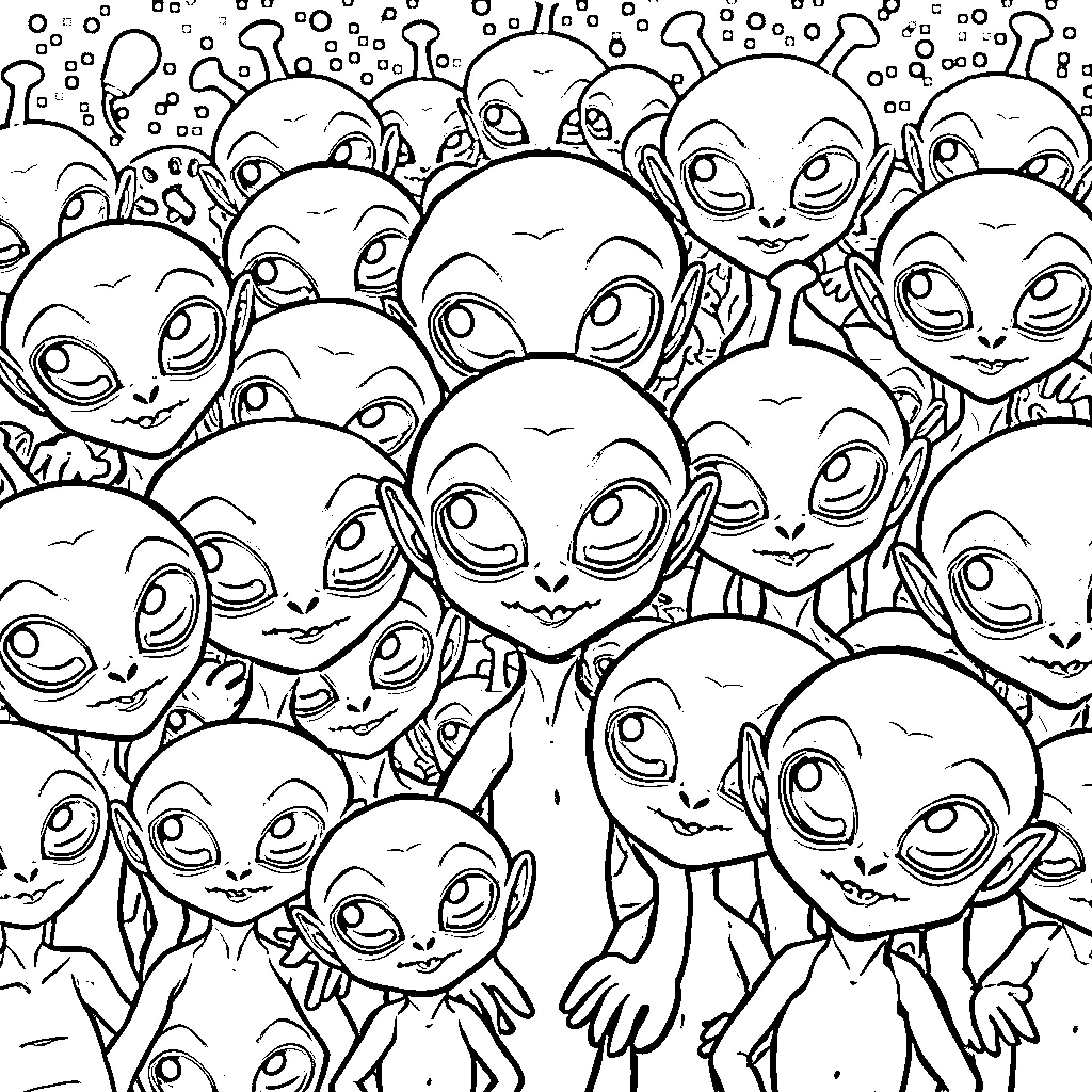 Alien Crowd of Quirky Characters Coloring Page (free black-and-white line drawing printable PDF for all, from beginners to advanced learners, including children, teens, adults, and seniors)