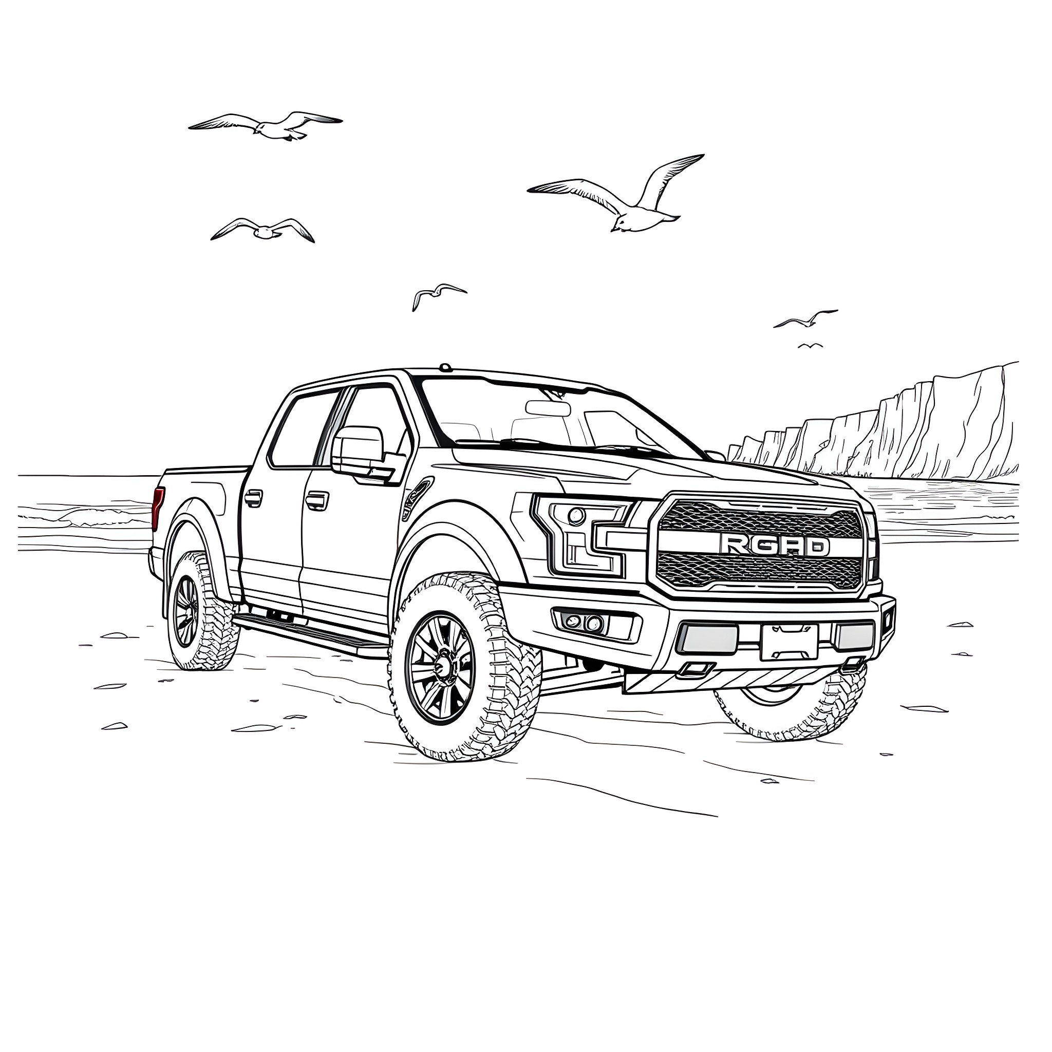 Pickup Truck Exploring the Rugged Terrain Coloring Page (free black-and-white line drawing printable PDF for all, from beginners to advanced learners, including children, teens, adults, and seniors)