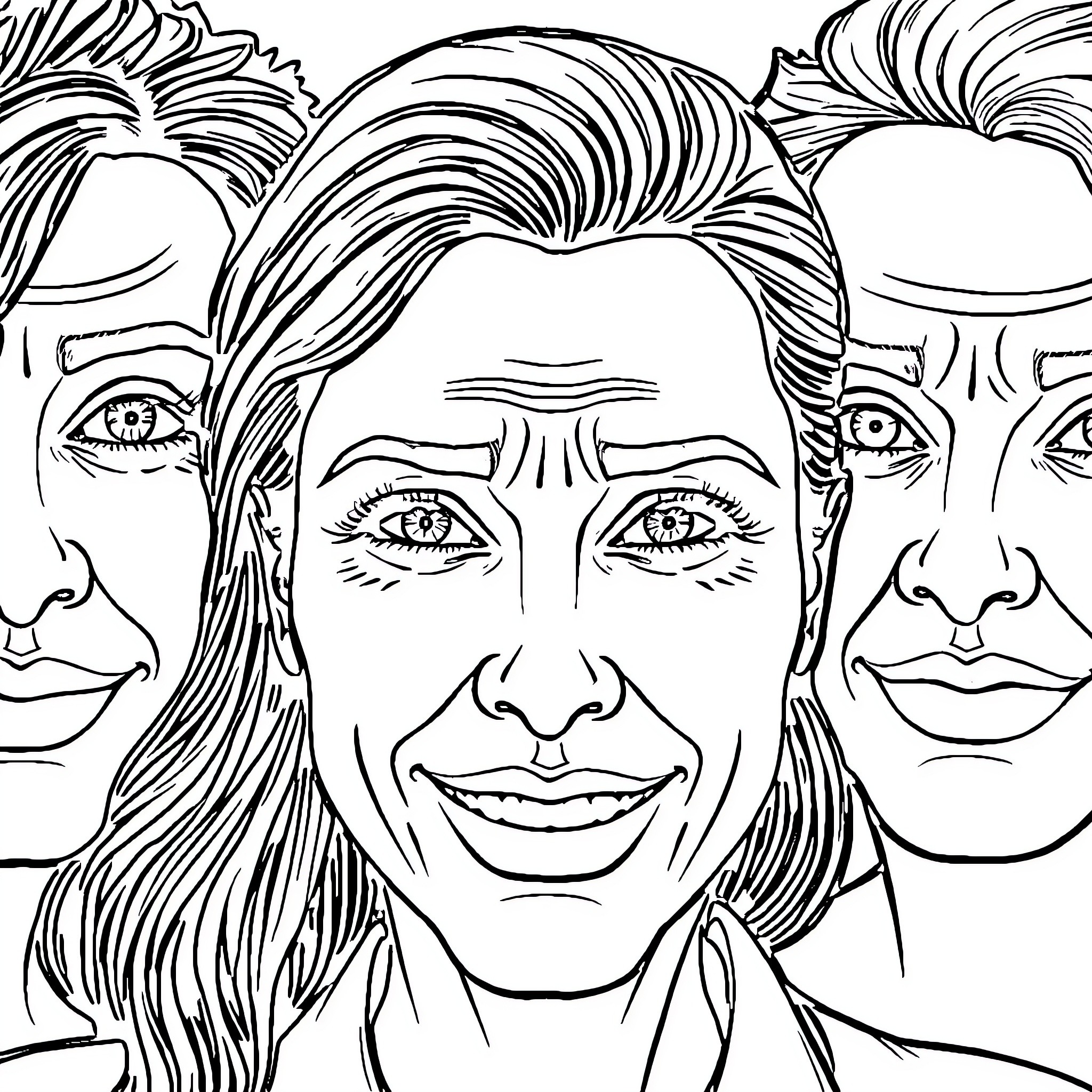 Emotion of Three Faces in Black and White Coloring Page (free black-and-white line drawing printable PDF for all, from beginners to advanced learners, including children, teens, adults, and seniors)