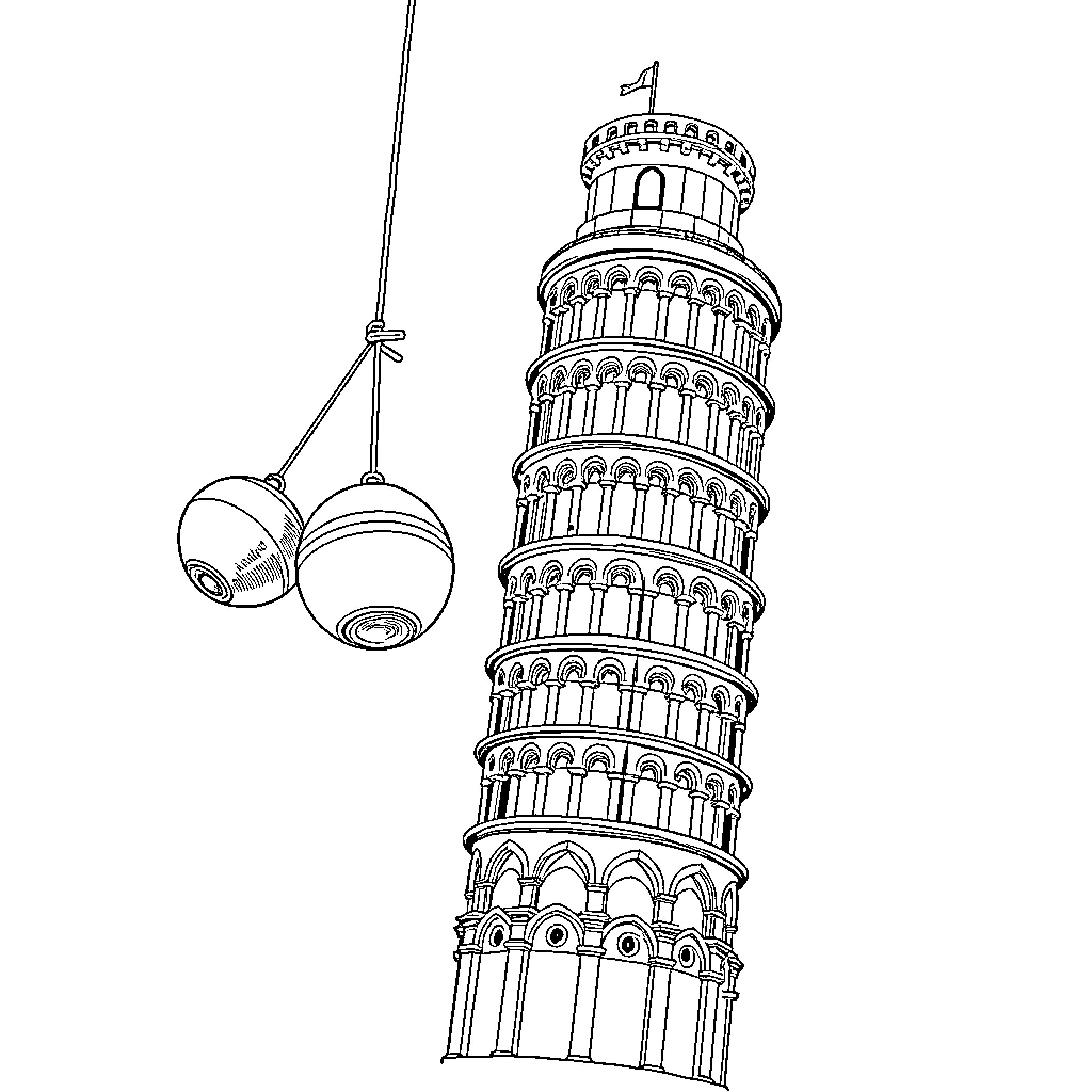 Galileo's Experiment with the Leaning Tower of Pisa Coloring Page (free black-and-white line drawing printable PDF for all, from beginners to advanced learners, including children, teens, adults, and seniors)