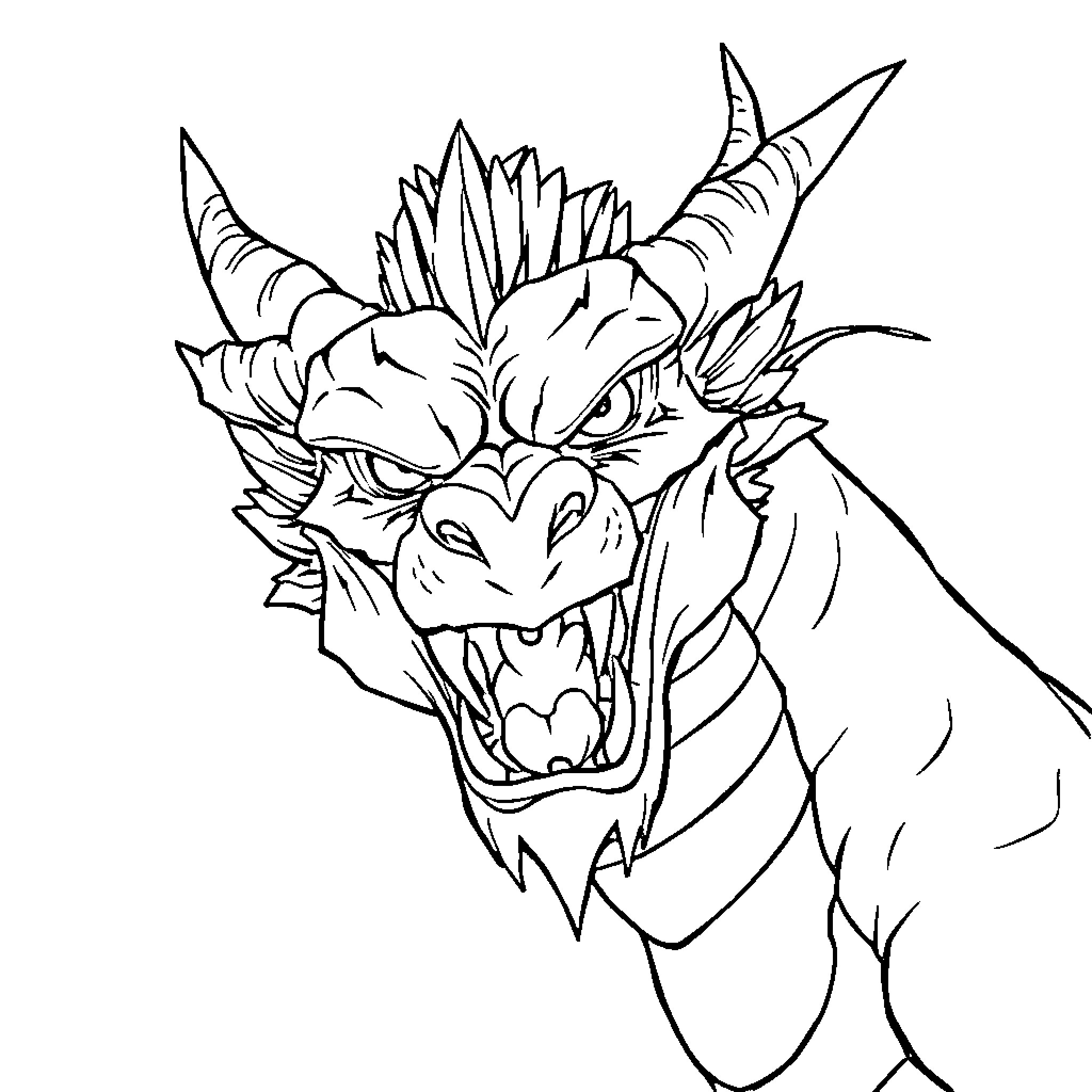 Dragon Roaring Ferociously with Bared Teeth Coloring Page (free black-and-white line drawing printable PDF for all, from beginners to advanced learners, including children, teens, adults, and seniors)