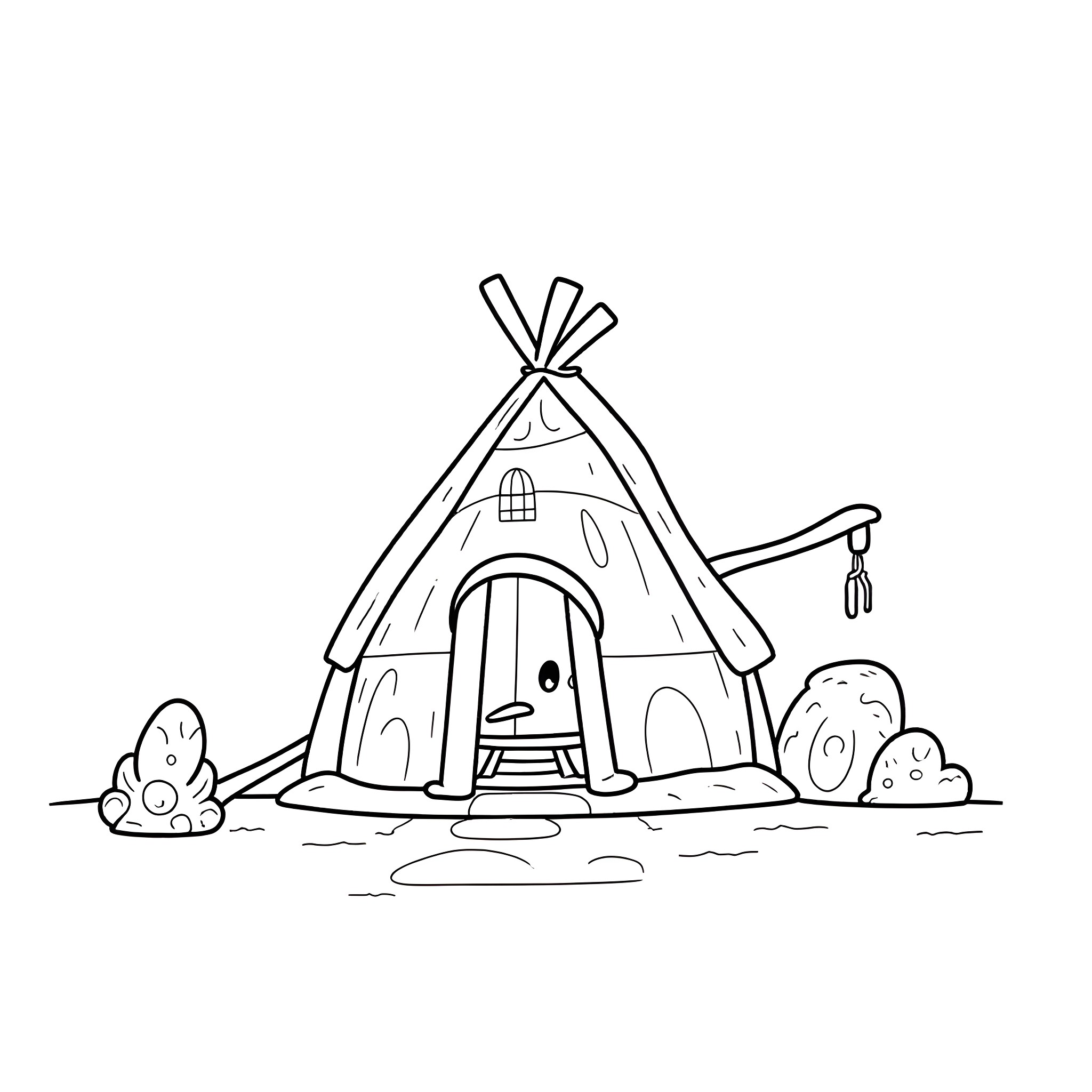 Child playing in a teepee tent Coloring Page (free black-and-white line drawing printable PDF for all, from beginners to advanced learners, including children, teens, adults, and seniors)