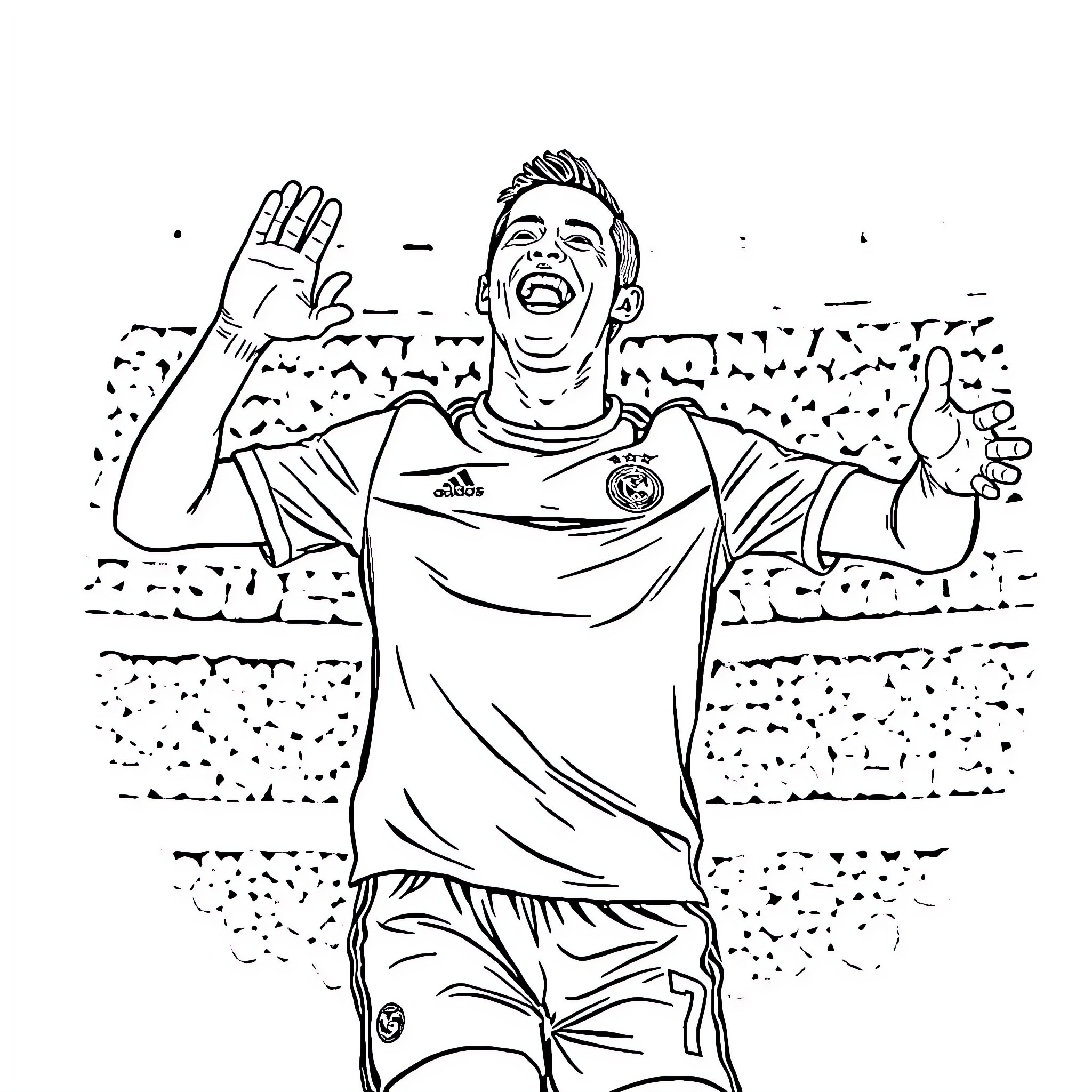 Ronaldo celebrates after scoring a goal Coloring Page (free black-and-white line drawing printable PDF for all, from beginners to advanced learners, including children, teens, adults, and seniors)