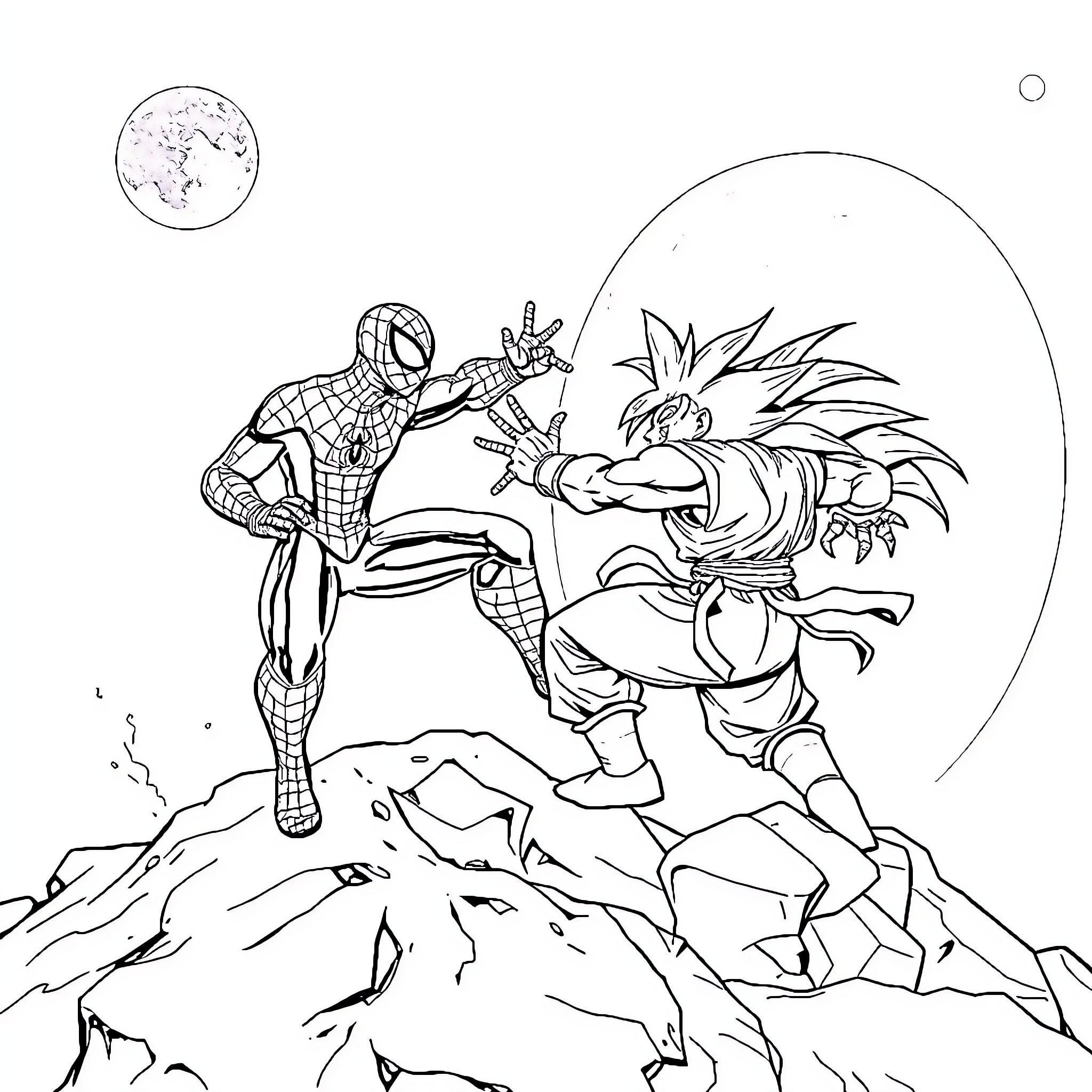 Spiderman battles a formidable foe on a rocky landscape Coloring Page (free black-and-white line drawing printable PDF for all, from beginners to advanced learners, including children, teens, adults, and seniors)