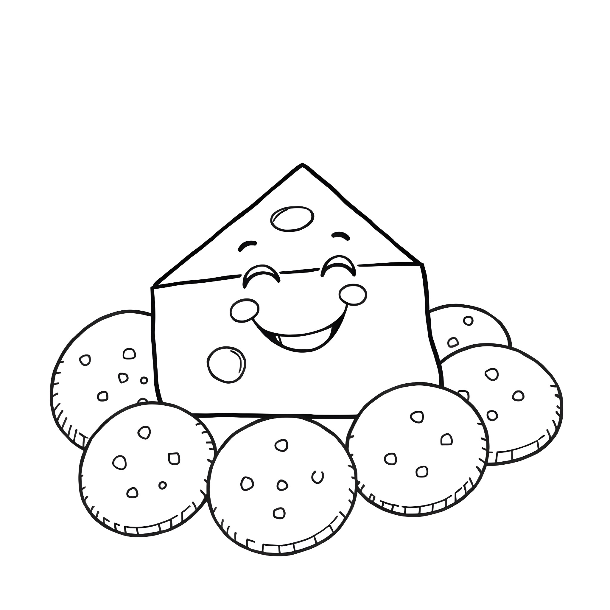Cheese shaped cartoon character with polka dot cookies Coloring Page (free black-and-white line drawing printable PDF for all, from beginners to advanced learners, including children, teens, adults, and seniors)