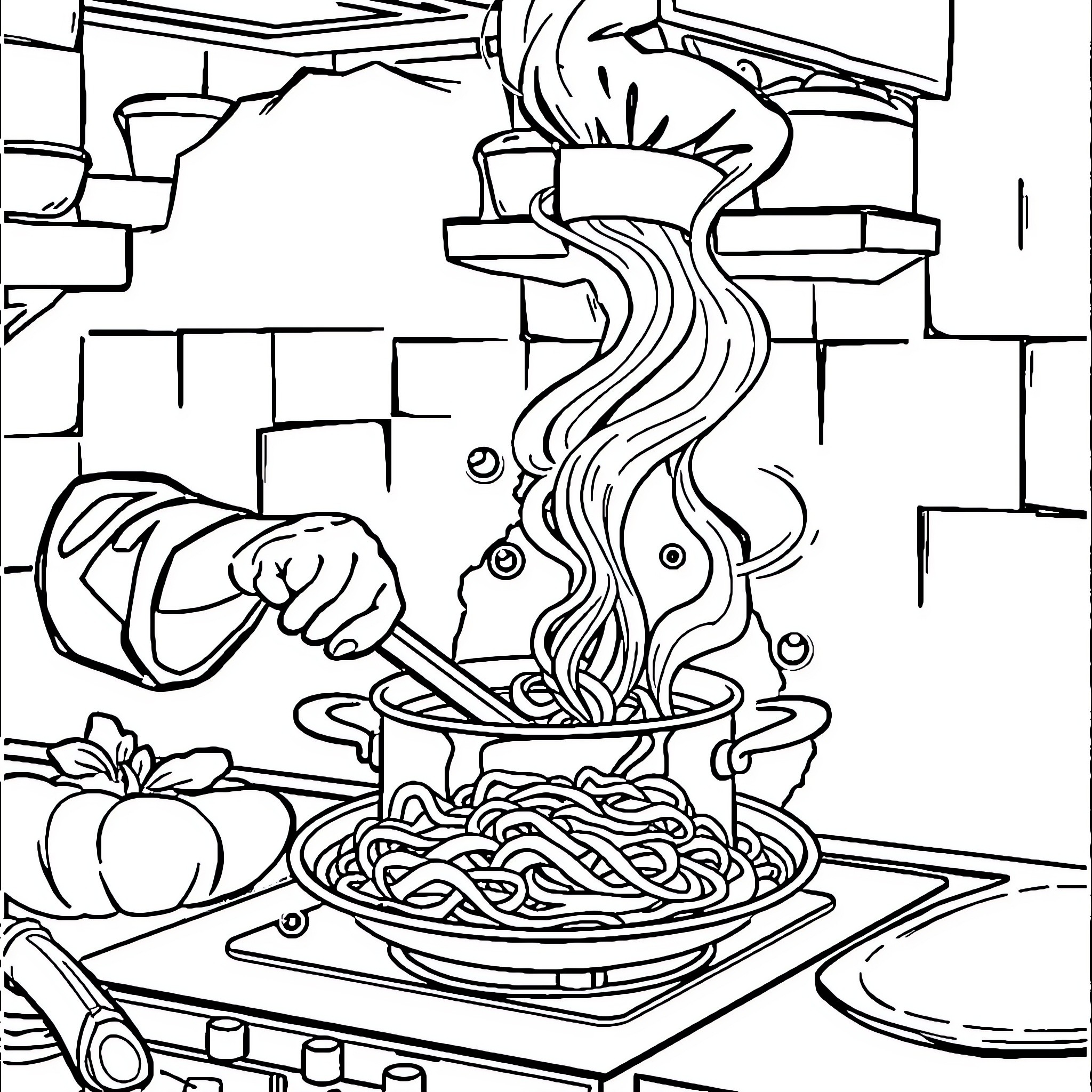 Chef Preparing a Delicious Meal in the Kitchen Coloring Page (free black-and-white line drawing printable PDF for all, from beginners to advanced learners, including children, teens, adults, and seniors)
