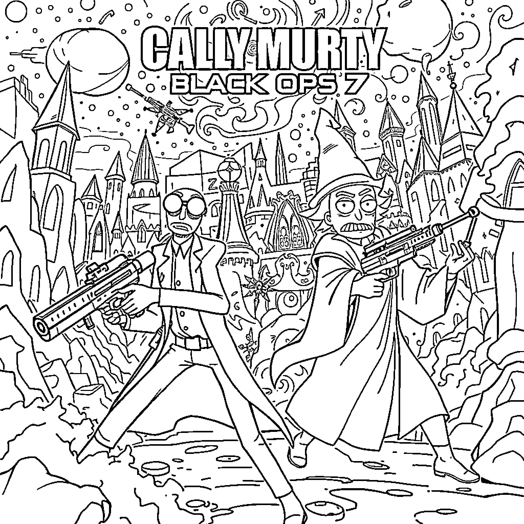 Call of Duty: Black Ops 7 - Action-Packed Combat Scene Coloring Page (free black-and-white line drawing printable PDF for all, from beginners to advanced learners, including children, teens, adults, and seniors)
