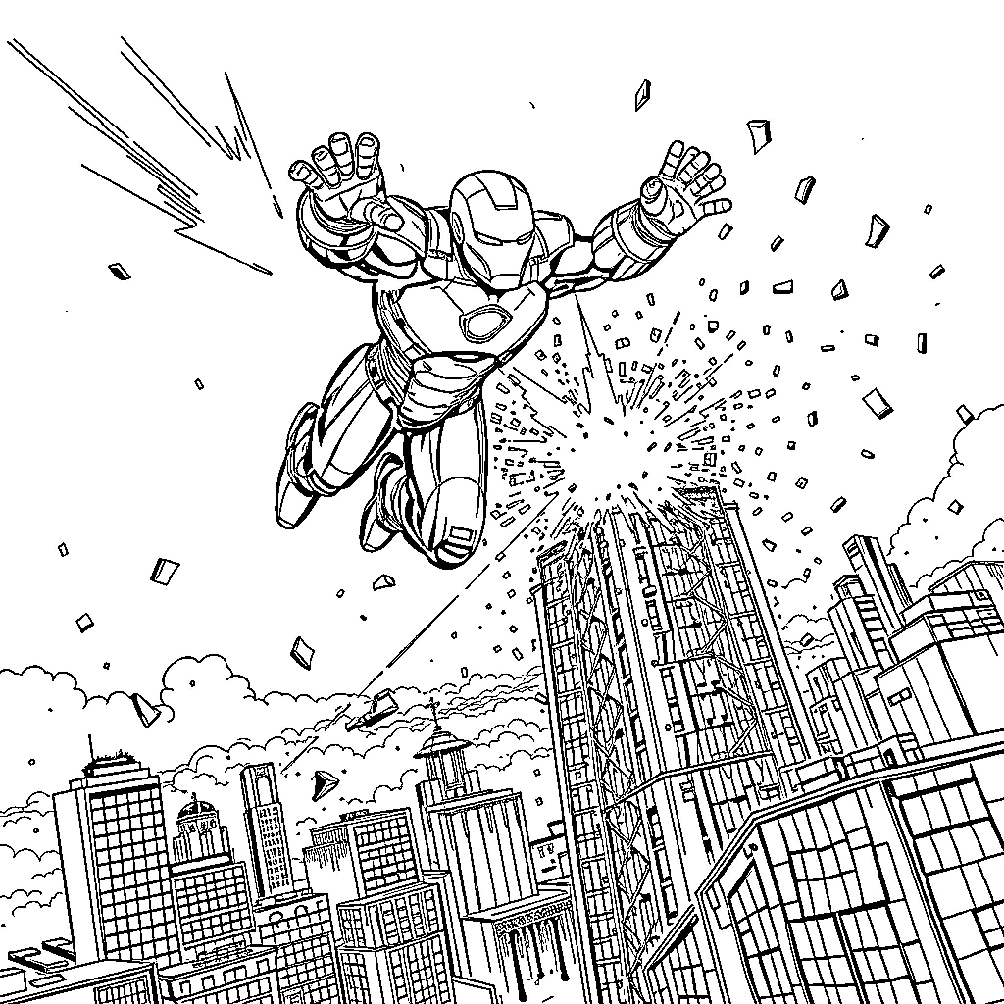 Iron Man soaring through the city skyline with energy blasts Coloring Page (free black-and-white line drawing printable PDF for all, from beginners to advanced learners, including children, teens, adults, and seniors)