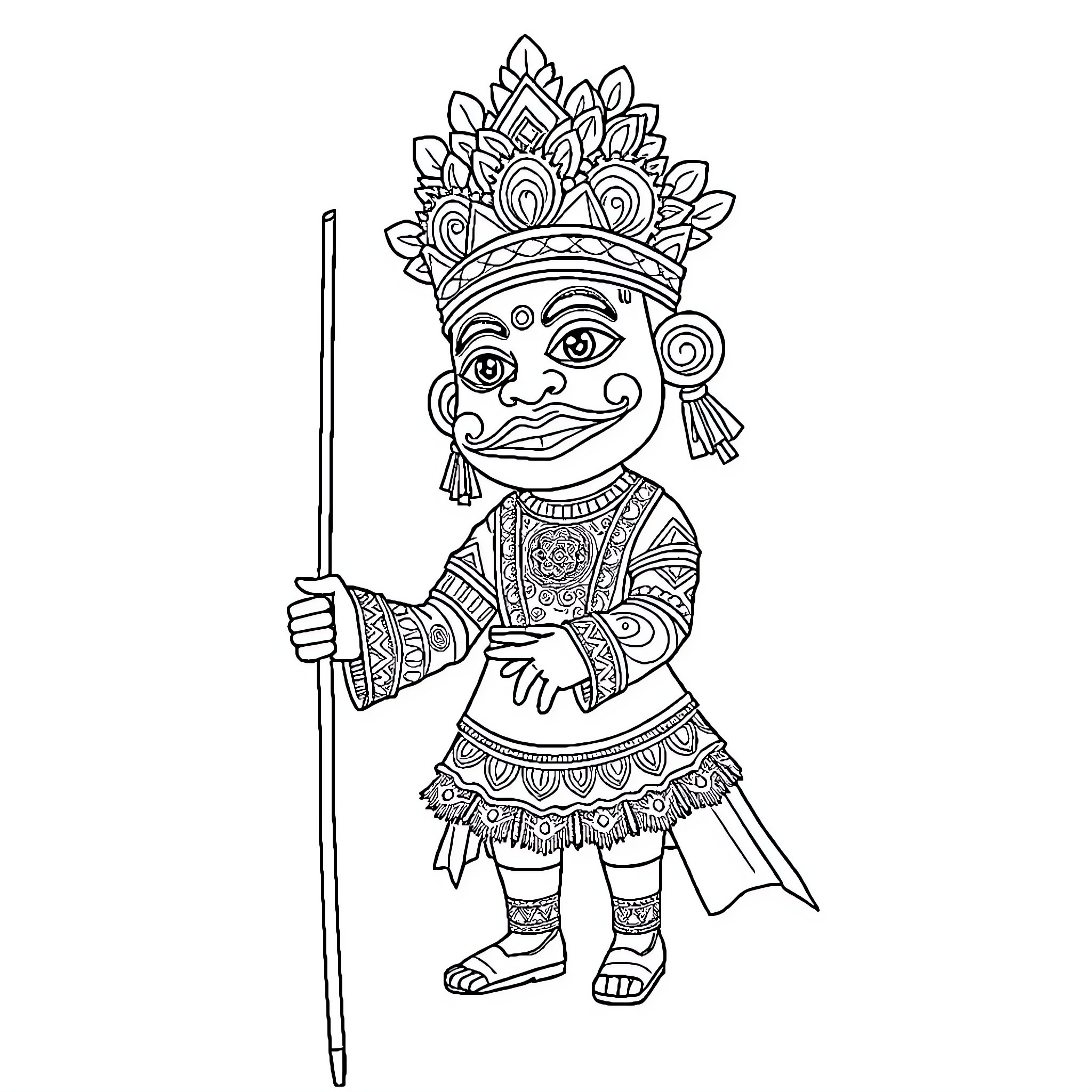 Puppet warrior in ornate traditional costume Coloring Page (free black-and-white line drawing printable PDF for all, from beginners to advanced learners, including children, teens, adults, and seniors)