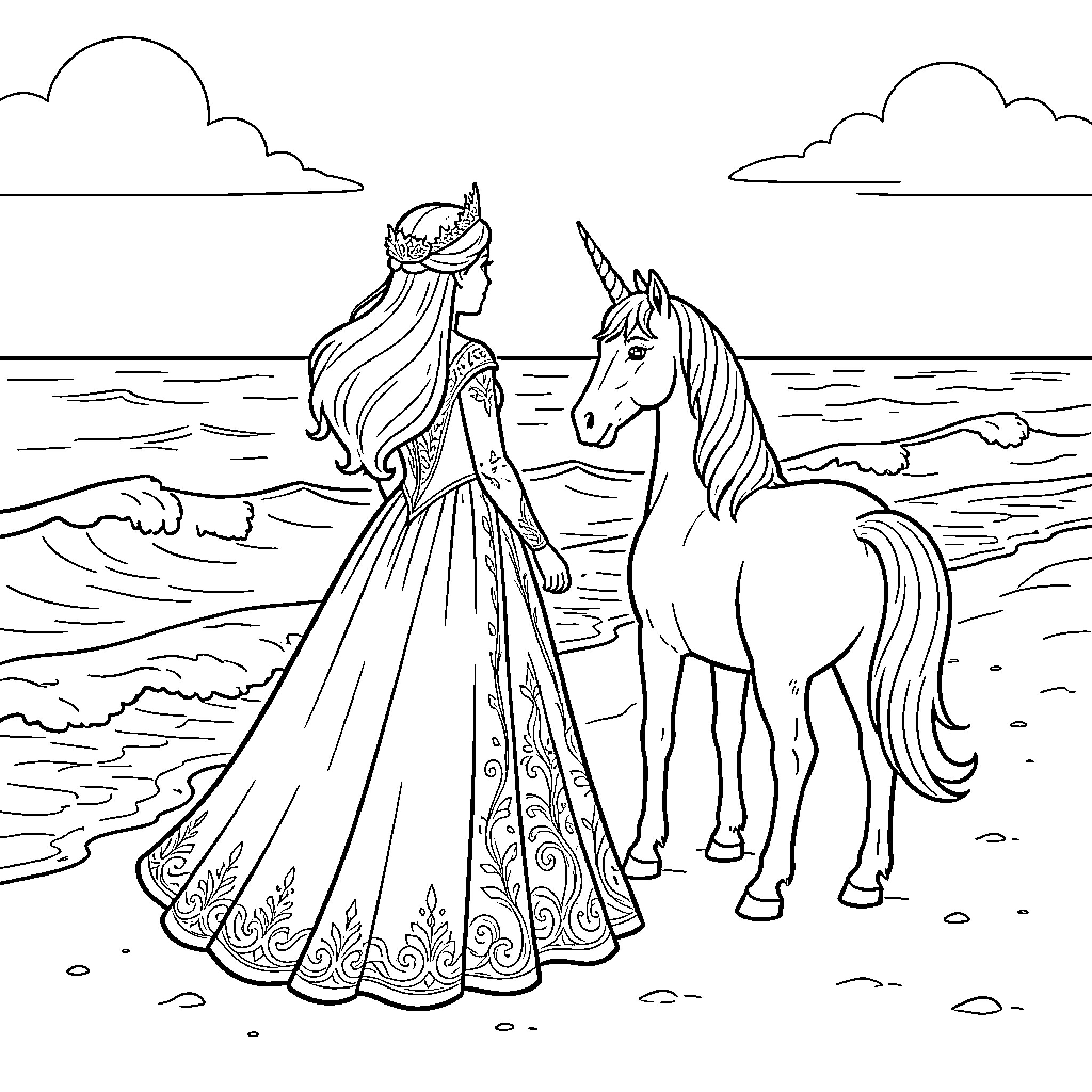 Queen standing by the sea with a unicorn Coloring Page (free black-and-white line drawing printable PDF for all, from beginners to advanced learners, including children, teens, adults, and seniors)