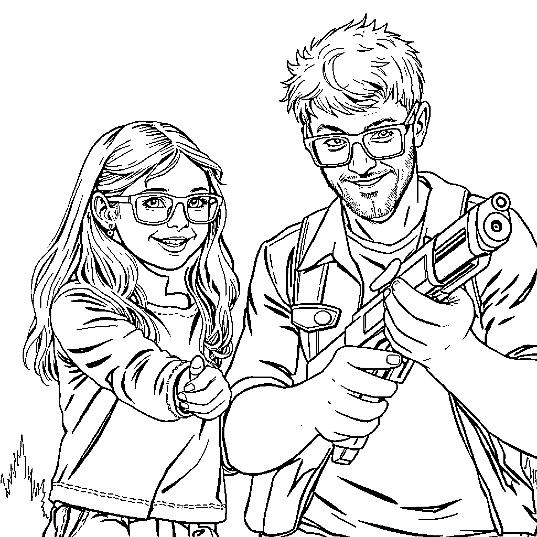 Huntrix: Adventurous Duo on a Mission Coloring Page (free black-and-white line drawing printable PDF for all, from beginners to advanced learners, including children, teens, adults, and seniors)