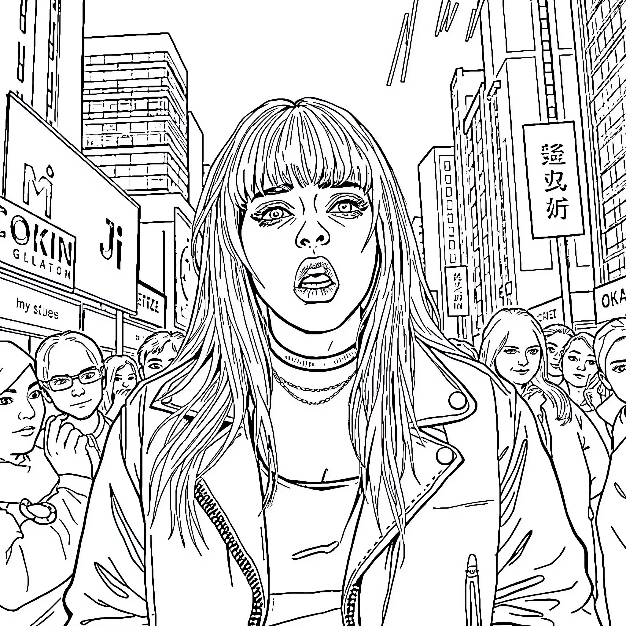 Billie Eilish in animated city scene with people Coloring Page (free black-and-white line drawing printable PDF for all, from beginners to advanced learners, including children, teens, adults, and seniors)